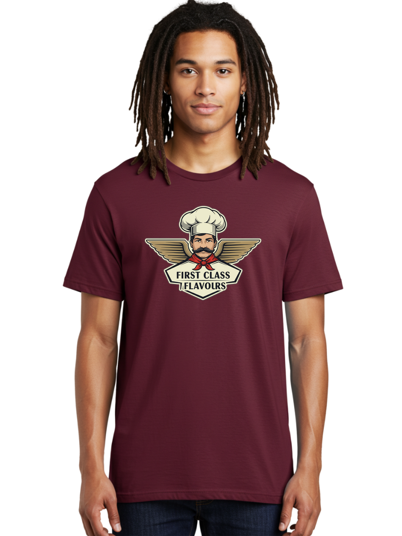 First-Class-Flavours Men'S Graphic Tee, 100% Cotton, Comfortable Casual Summer Wear, Machine Washable, Chef With Wings, Gourmet Cuisine, Fine Dining, Chef'S Hat, Red Neckerchief, Mustache, Luxurious Food, High-End Flavors, Culinary Excellence Bad095