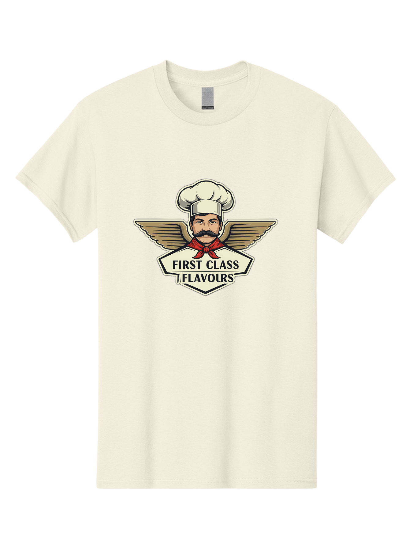 First-Class-Flavours Men'S Graphic Tee, 100% Cotton, Comfortable Casual Summer Wear, Machine Washable, Chef With Wings, Gourmet Cuisine, Fine Dining, Chef'S Hat, Red Neckerchief, Mustache, Luxurious Food, High-End Flavors, Culinary Excellence Bad095