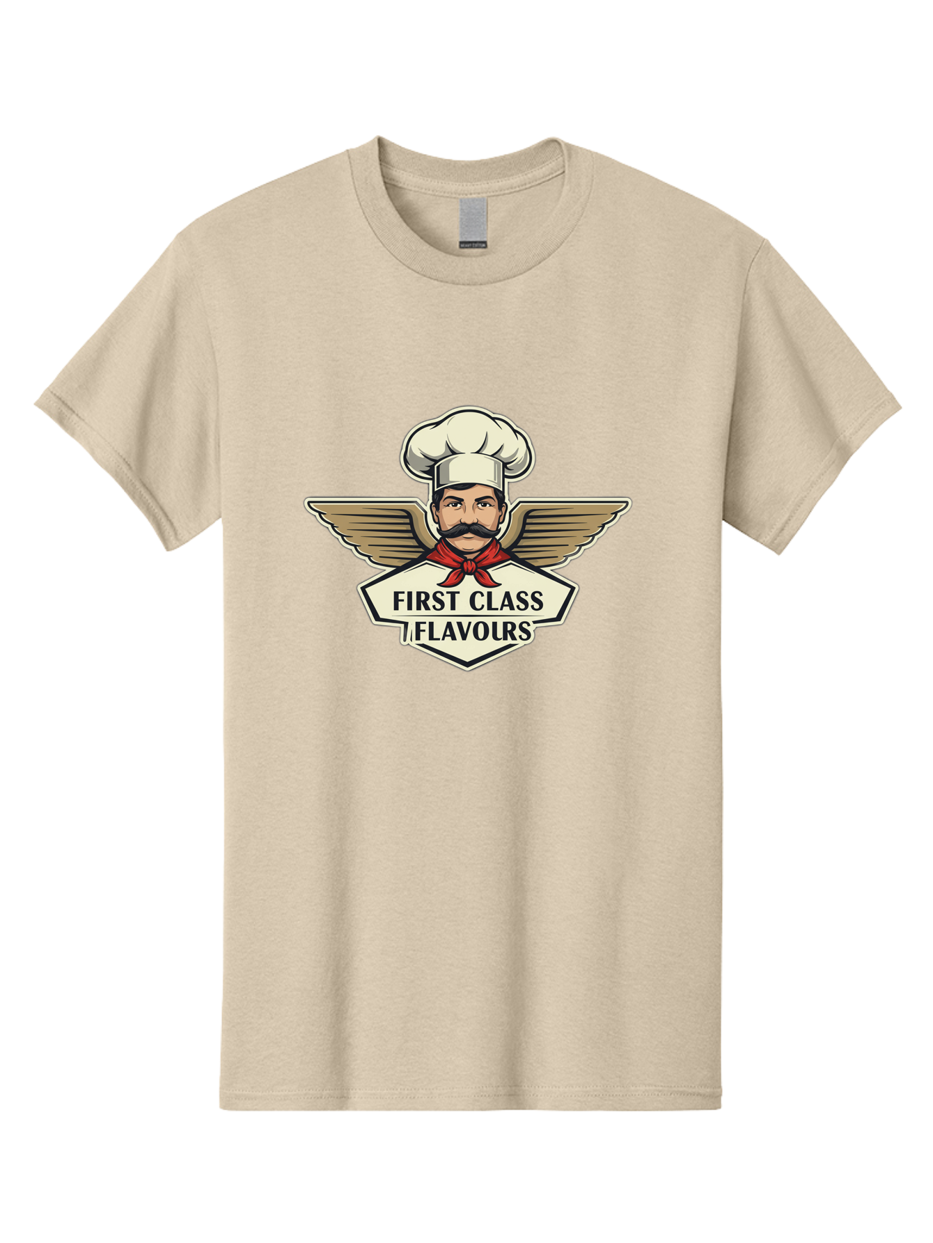First-Class-Flavours Men'S Graphic Tee, 100% Cotton, Comfortable Casual Summer Wear, Machine Washable, Chef With Wings, Gourmet Cuisine, Fine Dining, Chef'S Hat, Red Neckerchief, Mustache, Luxurious Food, High-End Flavors, Culinary Excellence Bad095