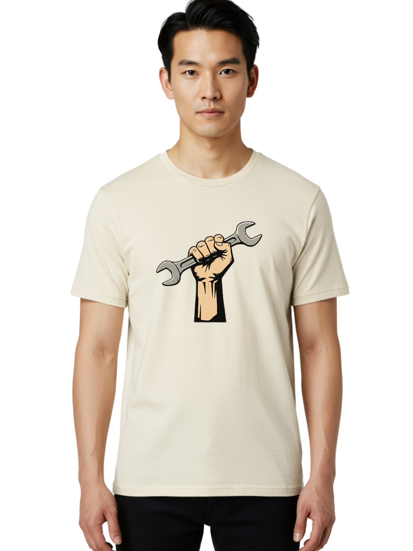 Fist-Holding-Wrench Men'S Graphic Tee, 100% Cotton, Comfortable Casual Summer Wear, Machine Washable, Hand Holding Wrench, Fist Grip, Hand Tool, Mechanic Symbol, Diy, Wrench Illustration, Labor, Hand Strength, Maintenance Bad096