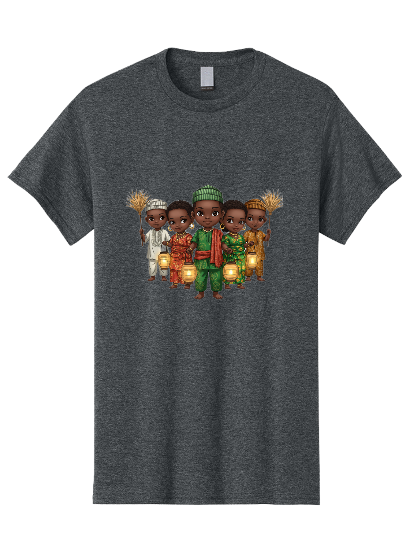 Five-Children Men'S Graphic Tee, 100% Cotton, Comfortable Casual Summer Wear, Machine Washable, Children In Traditional Attire, Cultural Heritage, African Fashion, Lanterns, Fans, Youthful Energy, Vibrant Colors, Traditional Clothing, Bad098