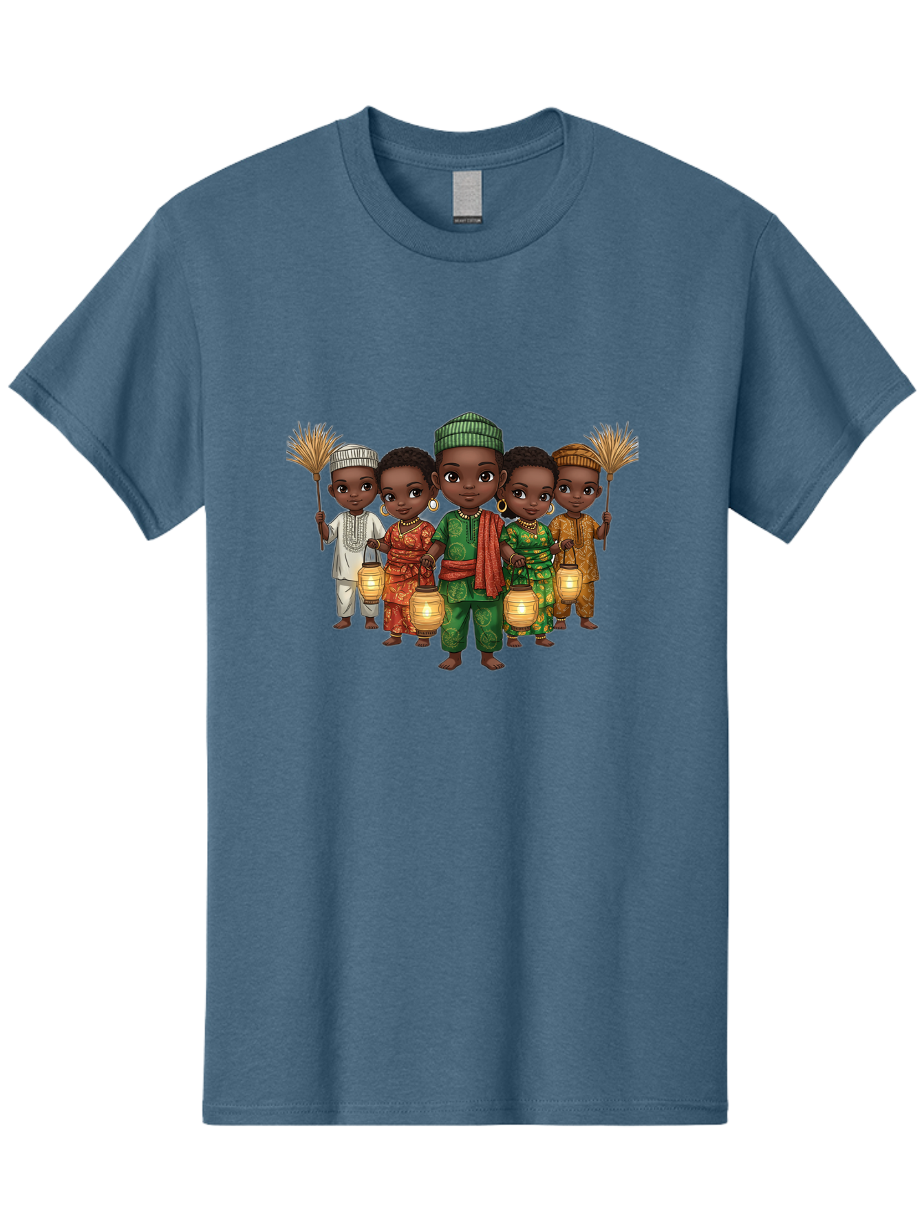 Five-Children Men'S Graphic Tee, 100% Cotton, Comfortable Casual Summer Wear, Machine Washable, Children In Traditional Attire, Cultural Heritage, African Fashion, Lanterns, Fans, Youthful Energy, Vibrant Colors, Traditional Clothing, Bad098