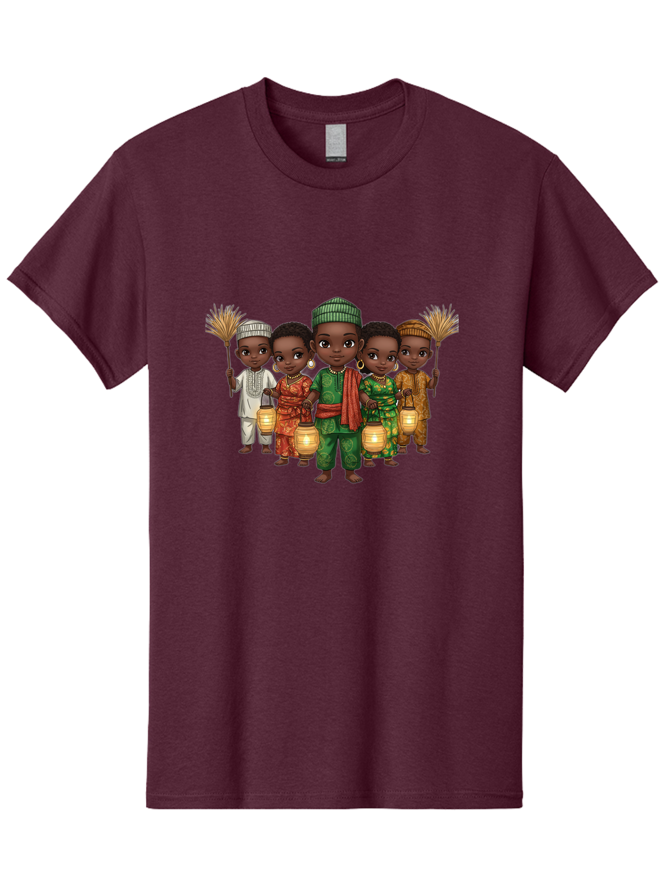 Five-Children Men'S Graphic Tee, 100% Cotton, Comfortable Casual Summer Wear, Machine Washable, Children In Traditional Attire, Cultural Heritage, African Fashion, Lanterns, Fans, Youthful Energy, Vibrant Colors, Traditional Clothing, Bad098