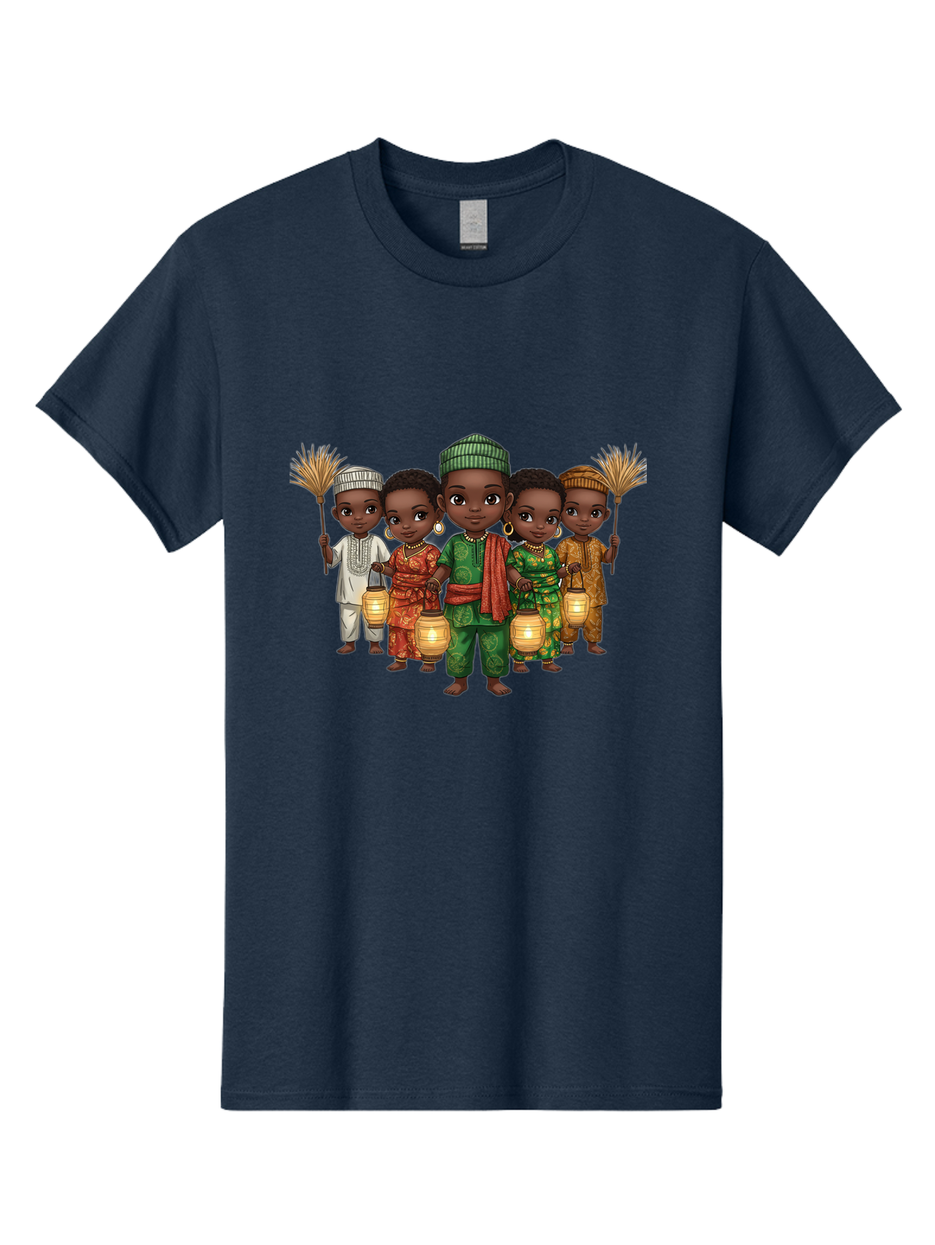 Five-Children Men'S Graphic Tee, 100% Cotton, Comfortable Casual Summer Wear, Machine Washable, Children In Traditional Attire, Cultural Heritage, African Fashion, Lanterns, Fans, Youthful Energy, Vibrant Colors, Traditional Clothing, Bad098
