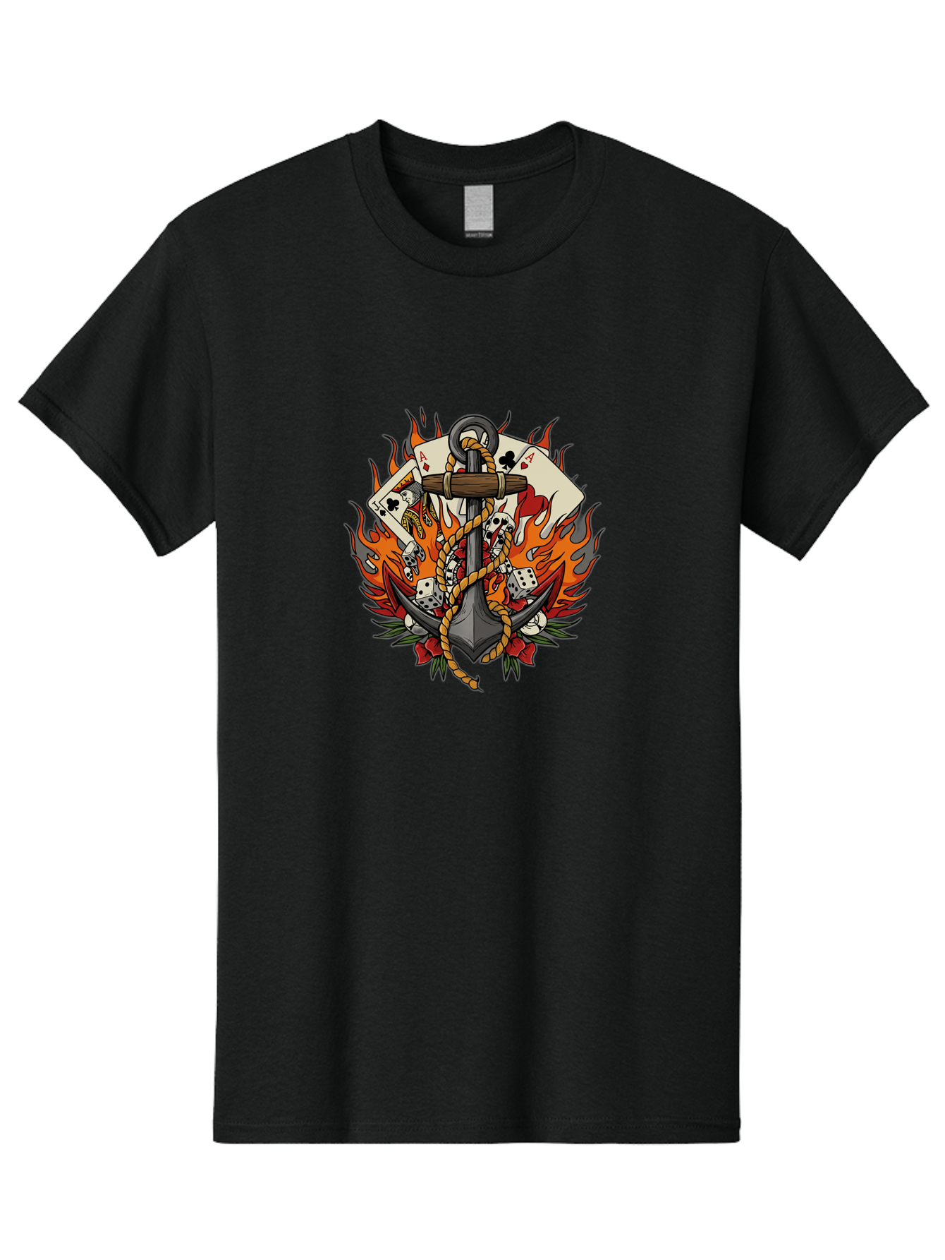 Flaming-Anchor Men'S Graphic Tee, 100% Cotton, Comfortable Casual Summer Wear, Machine Washable, Anchor With Rope, Playing Cards, Dice, Skulls, Fiery Flames, Tattoo Art, Nautical Theme, Casino Luck, Bold Design Bad099