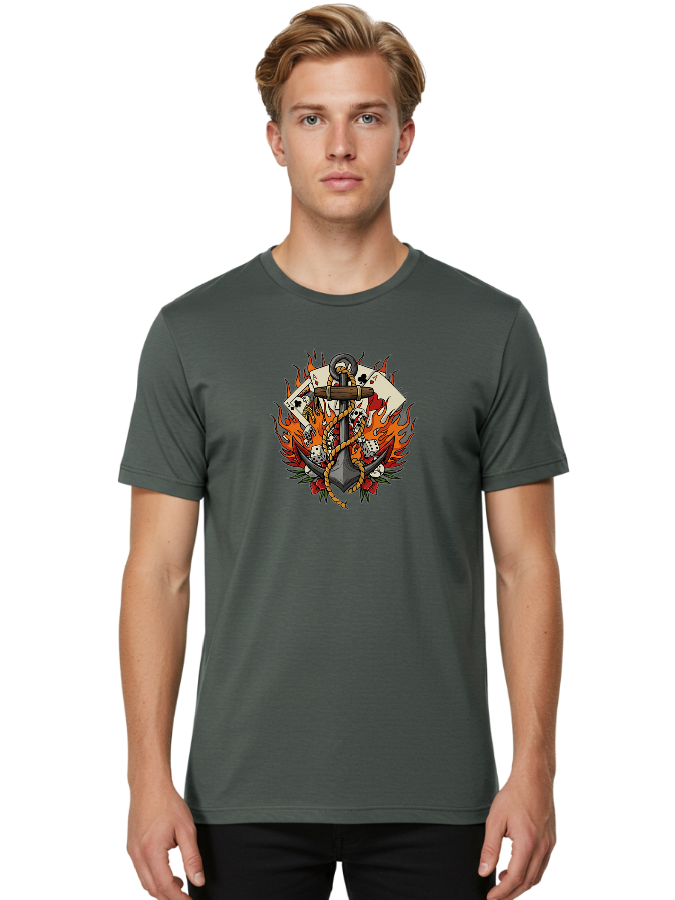 Flaming-Anchor Men'S Graphic Tee, 100% Cotton, Comfortable Casual Summer Wear, Machine Washable, Anchor With Rope, Playing Cards, Dice, Skulls, Fiery Flames, Tattoo Art, Nautical Theme, Casino Luck, Bold Design Bad099