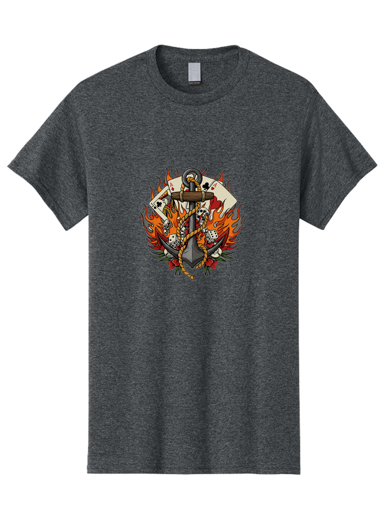 Flaming-Anchor Men'S Graphic Tee, 100% Cotton, Comfortable Casual Summer Wear, Machine Washable, Anchor With Rope, Playing Cards, Dice, Skulls, Fiery Flames, Tattoo Art, Nautical Theme, Casino Luck, Bold Design Bad099