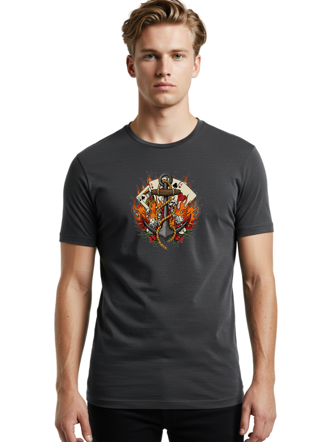 Flaming-Anchor Men'S Graphic Tee, 100% Cotton, Comfortable Casual Summer Wear, Machine Washable, Anchor With Rope, Playing Cards, Dice, Skulls, Fiery Flames, Tattoo Art, Nautical Theme, Casino Luck, Bold Design Bad099