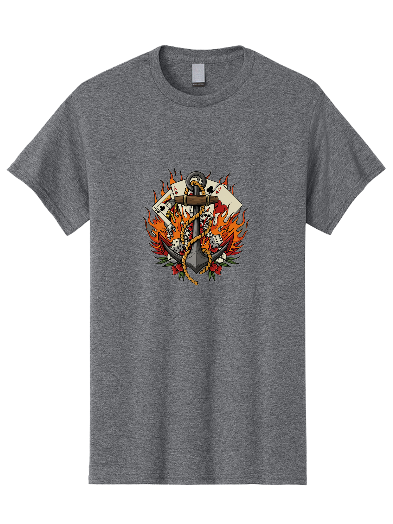 Flaming-Anchor Men'S Graphic Tee, 100% Cotton, Comfortable Casual Summer Wear, Machine Washable, Anchor With Rope, Playing Cards, Dice, Skulls, Fiery Flames, Tattoo Art, Nautical Theme, Casino Luck, Bold Design Bad099