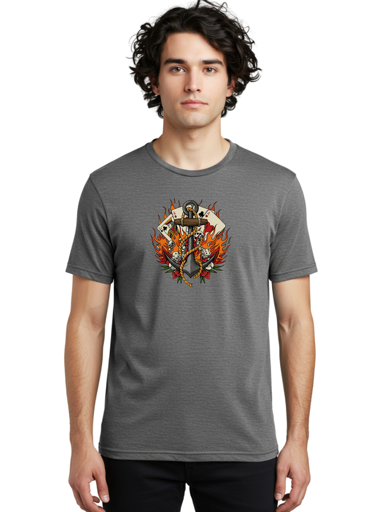 Flaming-Anchor Men'S Graphic Tee, 100% Cotton, Comfortable Casual Summer Wear, Machine Washable, Anchor With Rope, Playing Cards, Dice, Skulls, Fiery Flames, Tattoo Art, Nautical Theme, Casino Luck, Bold Design Bad099