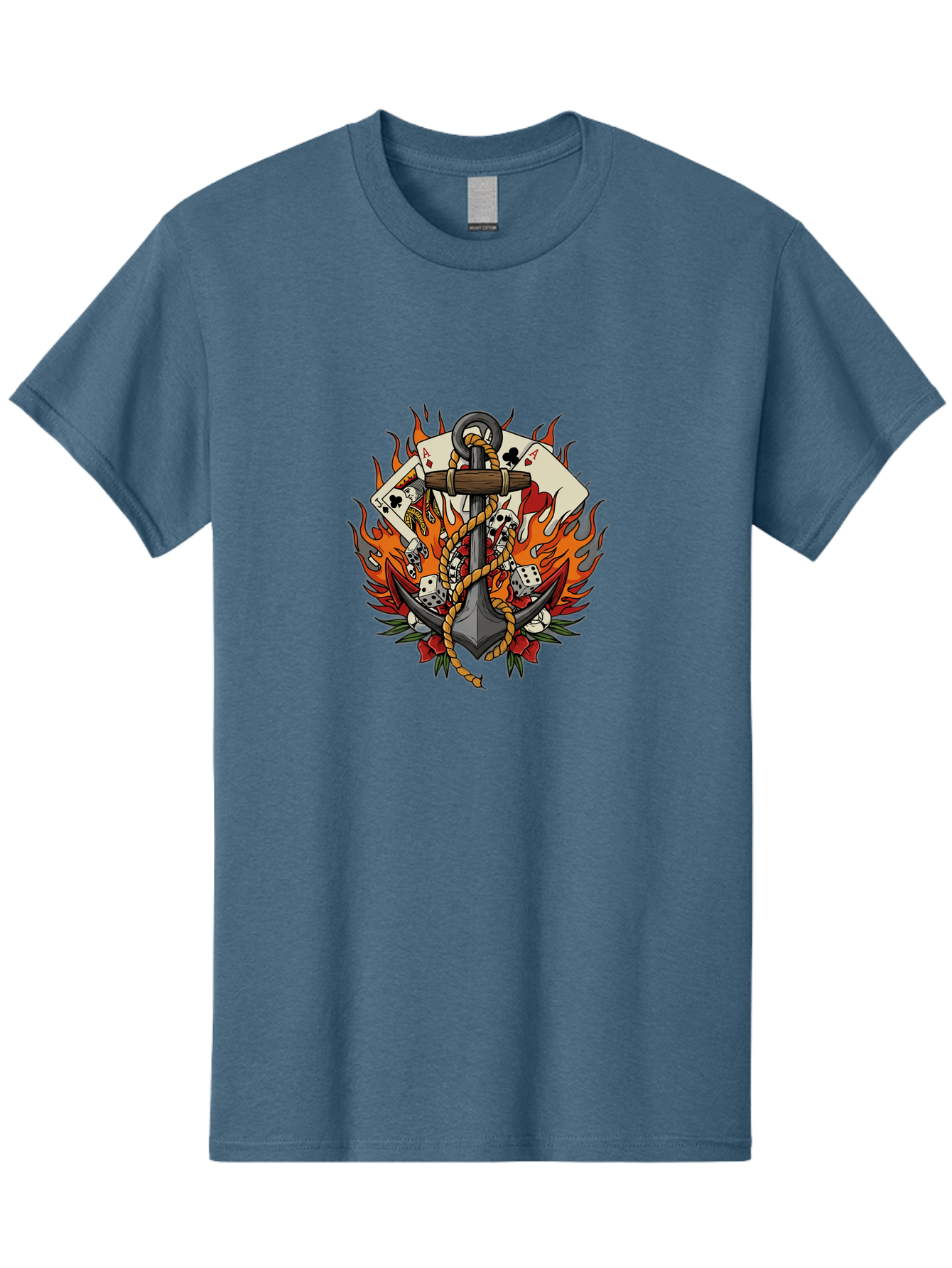 Flaming-Anchor Men'S Graphic Tee, 100% Cotton, Comfortable Casual Summer Wear, Machine Washable, Anchor With Rope, Playing Cards, Dice, Skulls, Fiery Flames, Tattoo Art, Nautical Theme, Casino Luck, Bold Design Bad099