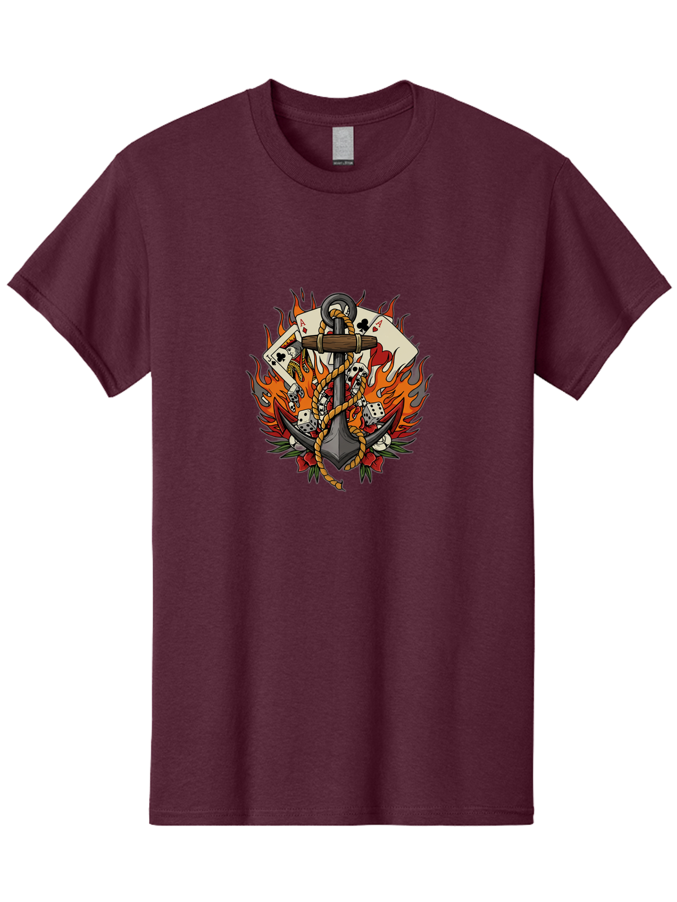 Flaming-Anchor Men'S Graphic Tee, 100% Cotton, Comfortable Casual Summer Wear, Machine Washable, Anchor With Rope, Playing Cards, Dice, Skulls, Fiery Flames, Tattoo Art, Nautical Theme, Casino Luck, Bold Design Bad099