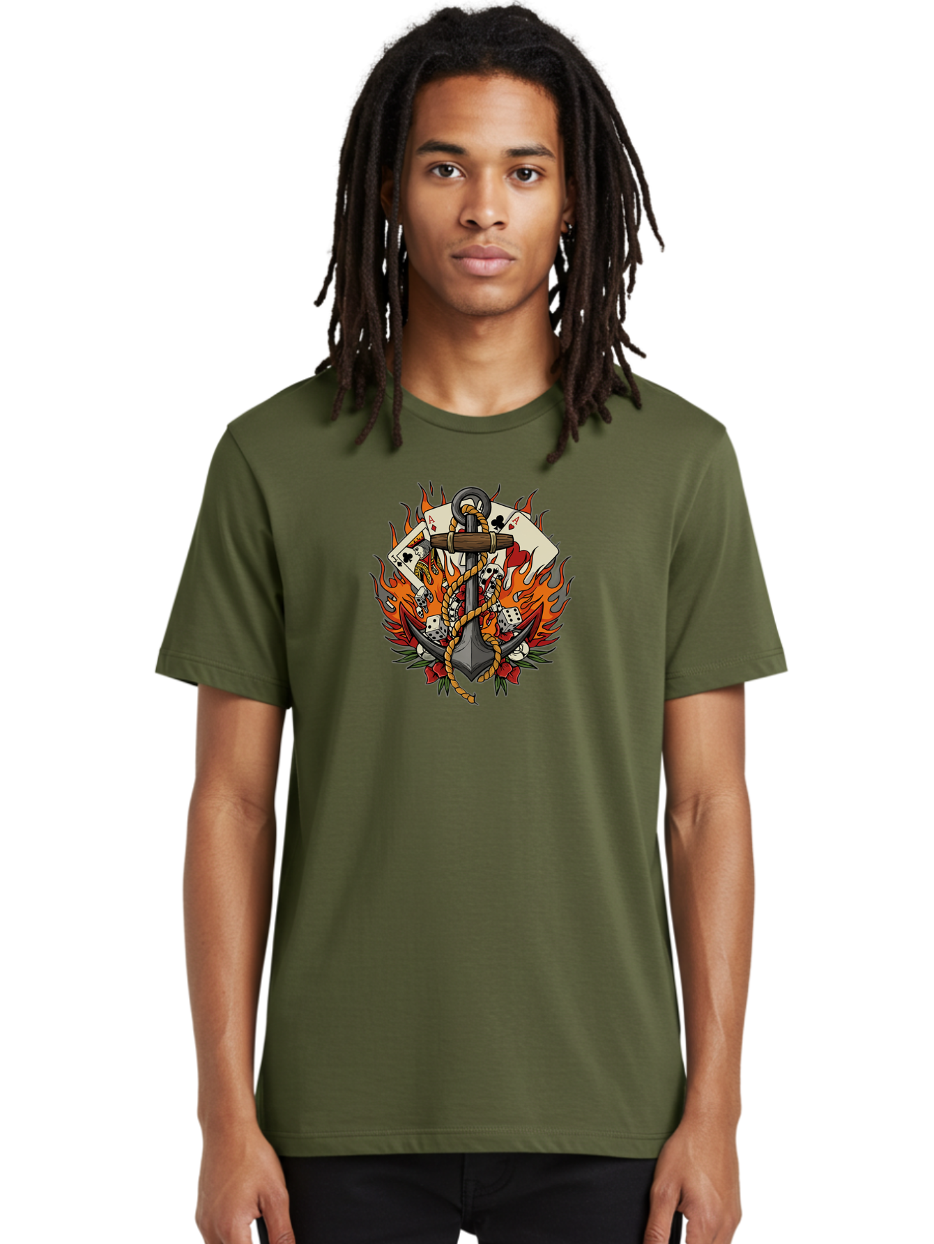 Flaming-Anchor Men'S Graphic Tee, 100% Cotton, Comfortable Casual Summer Wear, Machine Washable, Anchor With Rope, Playing Cards, Dice, Skulls, Fiery Flames, Tattoo Art, Nautical Theme, Casino Luck, Bold Design Bad099