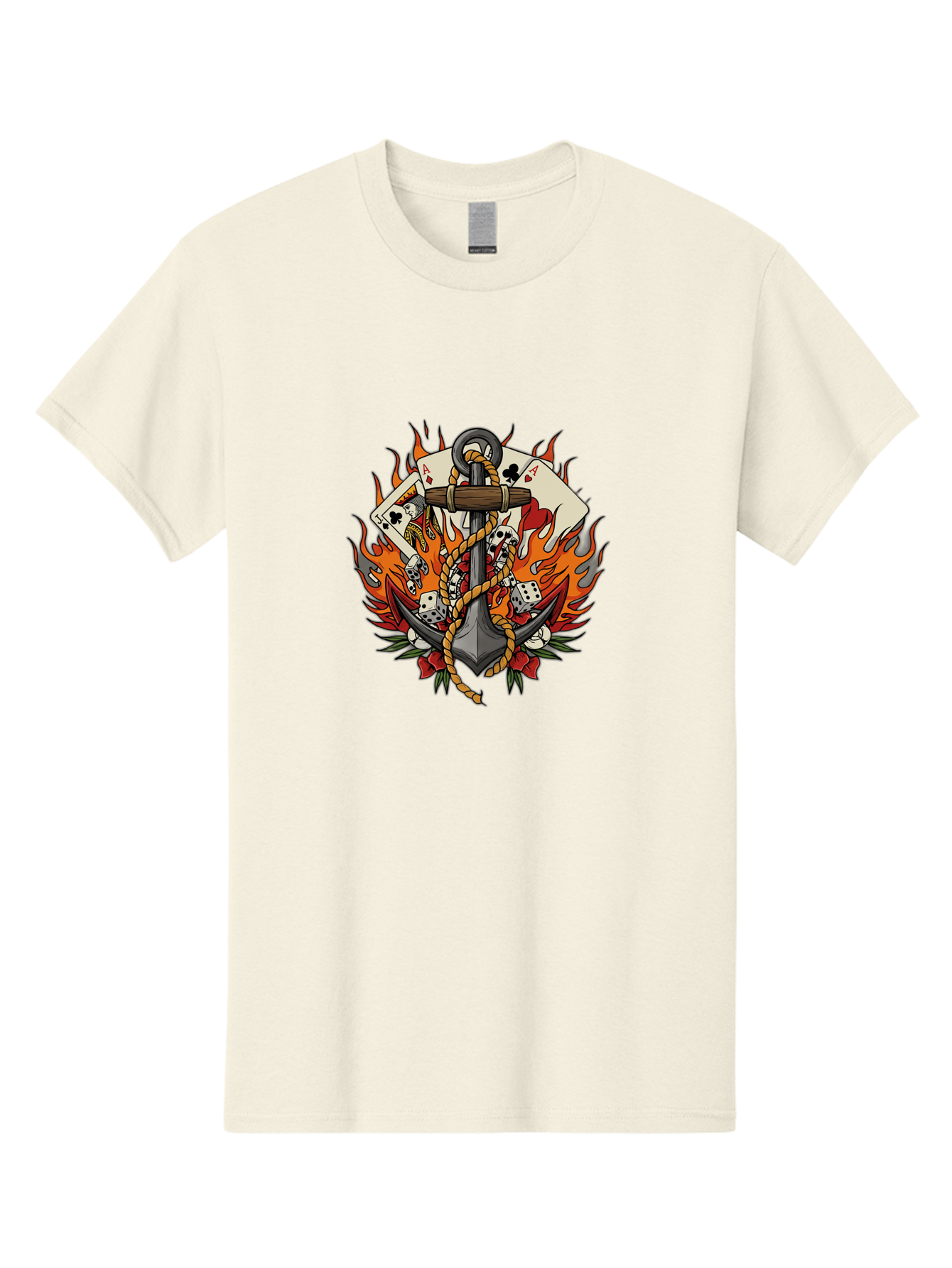 Flaming-Anchor Men'S Graphic Tee, 100% Cotton, Comfortable Casual Summer Wear, Machine Washable, Anchor With Rope, Playing Cards, Dice, Skulls, Fiery Flames, Tattoo Art, Nautical Theme, Casino Luck, Bold Design Bad099