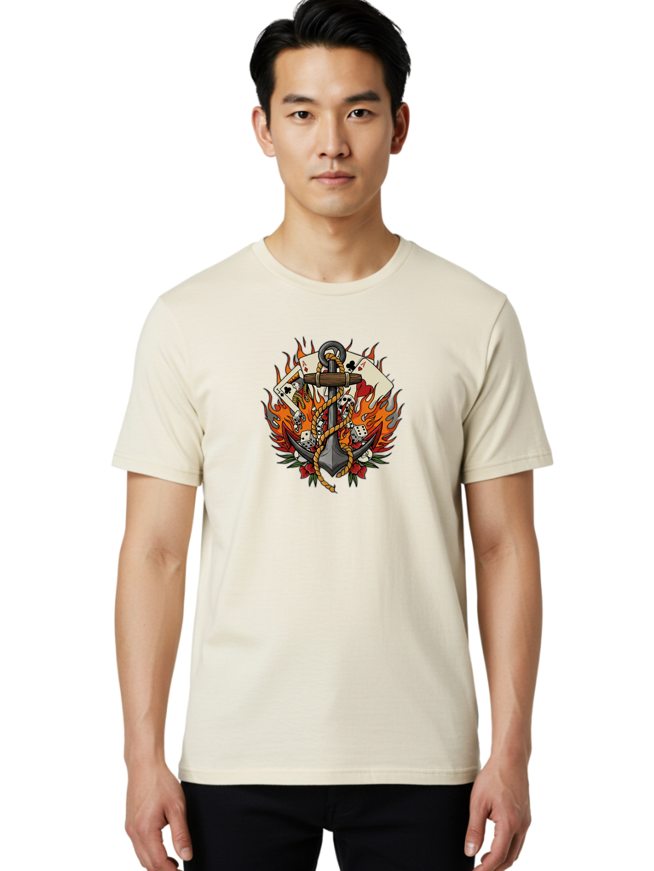 Flaming-Anchor Men'S Graphic Tee, 100% Cotton, Comfortable Casual Summer Wear, Machine Washable, Anchor With Rope, Playing Cards, Dice, Skulls, Fiery Flames, Tattoo Art, Nautical Theme, Casino Luck, Bold Design Bad099