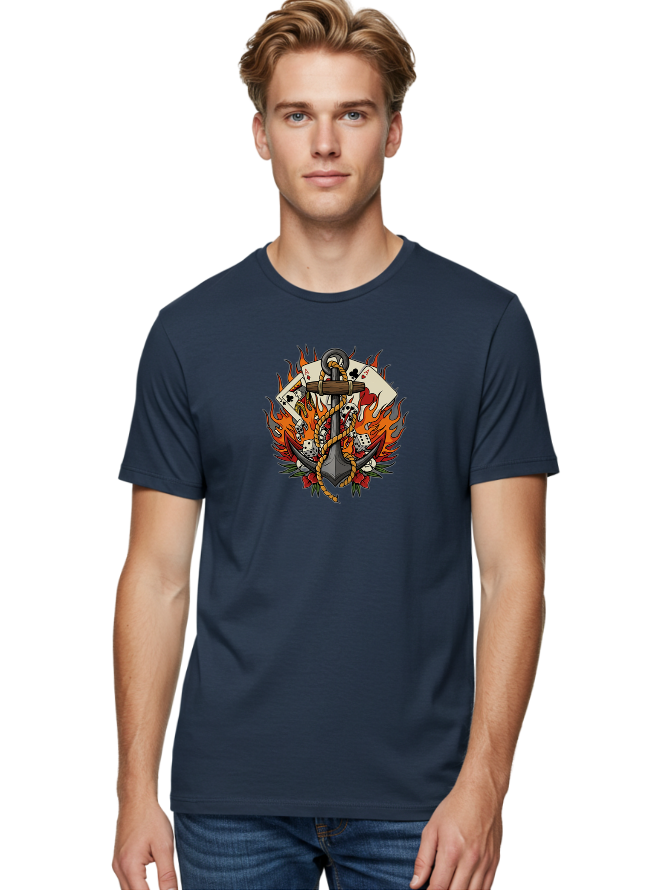 Flaming-Anchor Men'S Graphic Tee, 100% Cotton, Comfortable Casual Summer Wear, Machine Washable, Anchor With Rope, Playing Cards, Dice, Skulls, Fiery Flames, Tattoo Art, Nautical Theme, Casino Luck, Bold Design Bad099