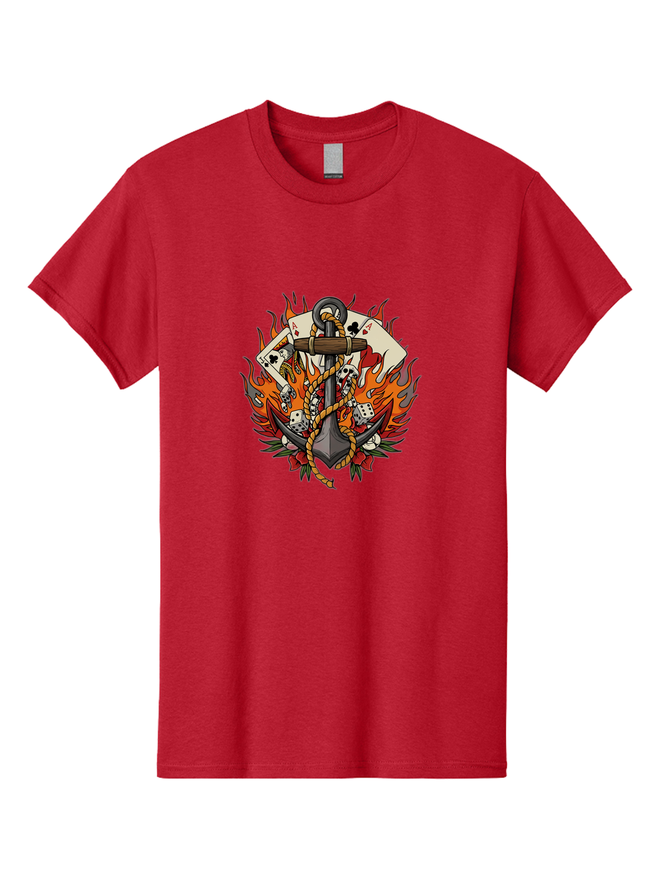 Flaming-Anchor Men'S Graphic Tee, 100% Cotton, Comfortable Casual Summer Wear, Machine Washable, Anchor With Rope, Playing Cards, Dice, Skulls, Fiery Flames, Tattoo Art, Nautical Theme, Casino Luck, Bold Design Bad099