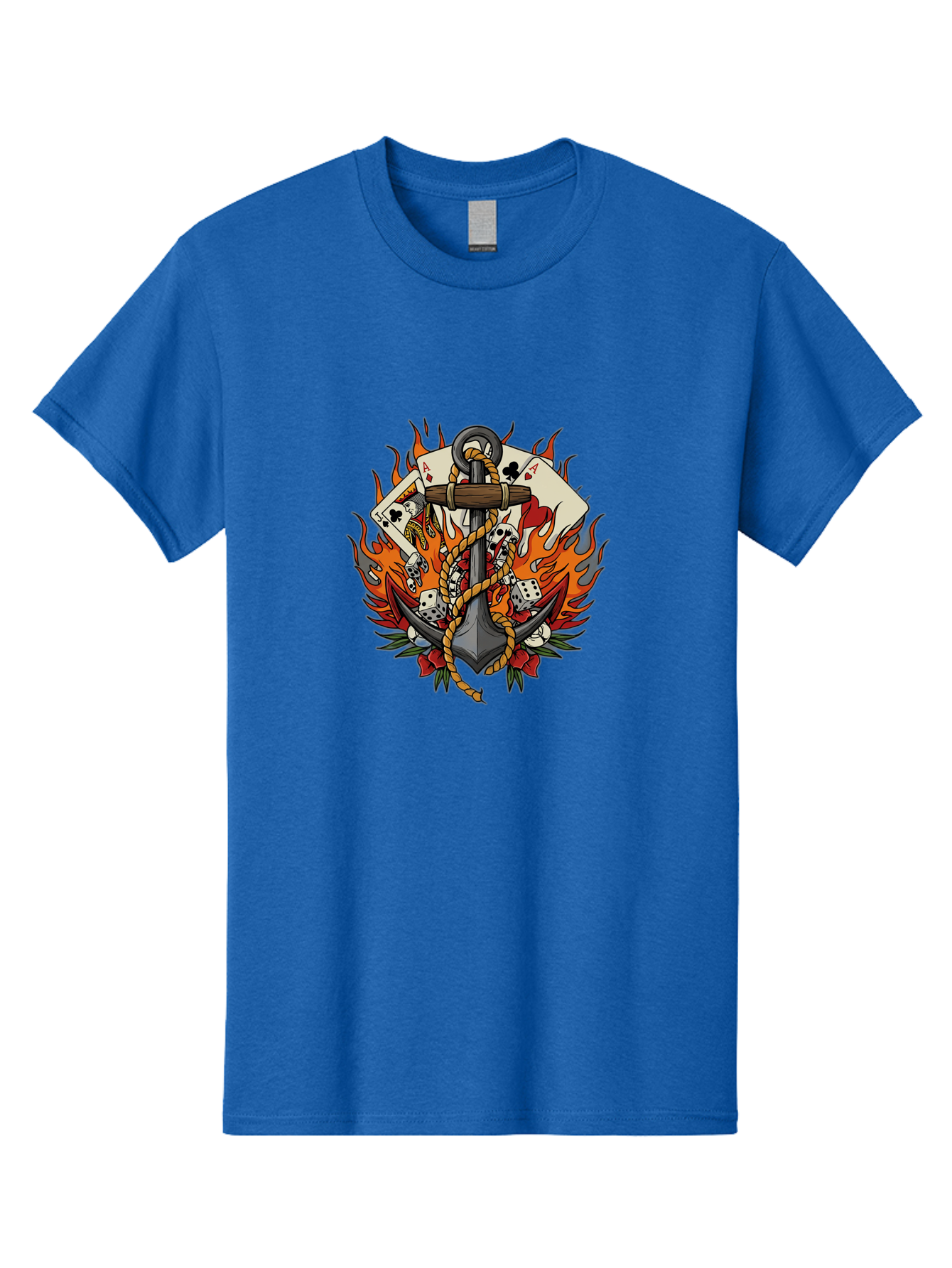 Flaming-Anchor Men'S Graphic Tee, 100% Cotton, Comfortable Casual Summer Wear, Machine Washable, Anchor With Rope, Playing Cards, Dice, Skulls, Fiery Flames, Tattoo Art, Nautical Theme, Casino Luck, Bold Design Bad099