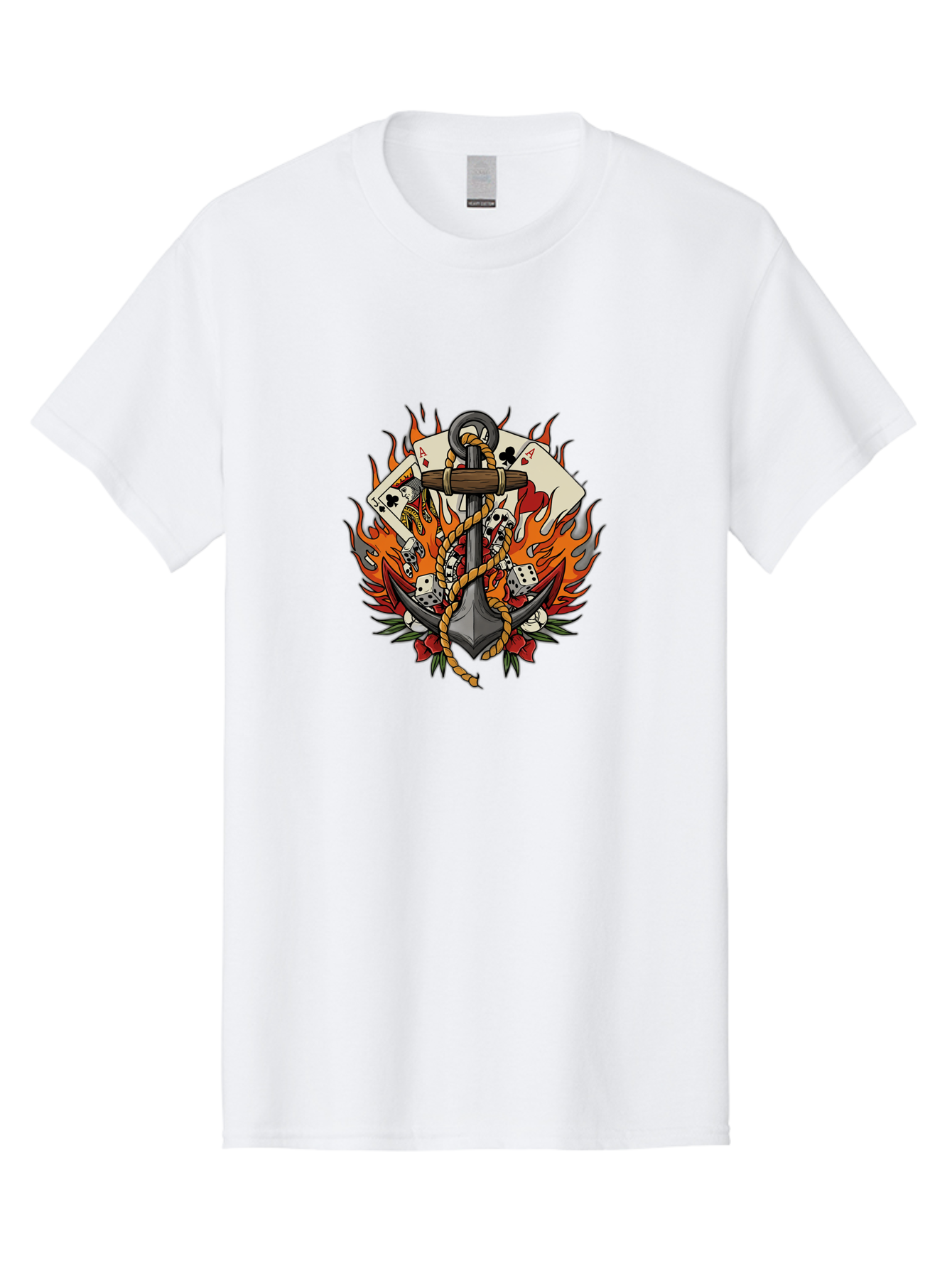 Flaming-Anchor Men'S Graphic Tee, 100% Cotton, Comfortable Casual Summer Wear, Machine Washable, Anchor With Rope, Playing Cards, Dice, Skulls, Fiery Flames, Tattoo Art, Nautical Theme, Casino Luck, Bold Design Bad099