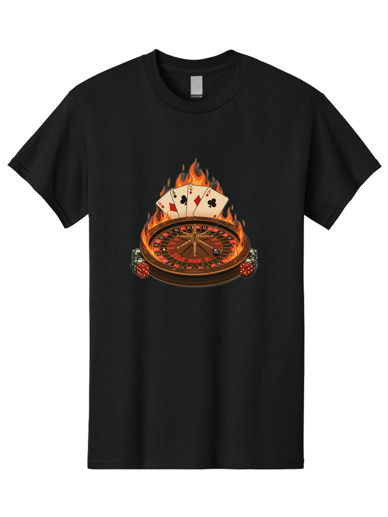 Flaming-Roulette Men'S Graphic Tee, 100% Cotton, Comfortable Casual Summer Wear, Machine Washable, Roulette Wheel, Casino Games, Playing Cards, Poker Chips, Flames, High Stakes, Game Of Chance, Betting, Casino Atmosphere, Luck Bad100