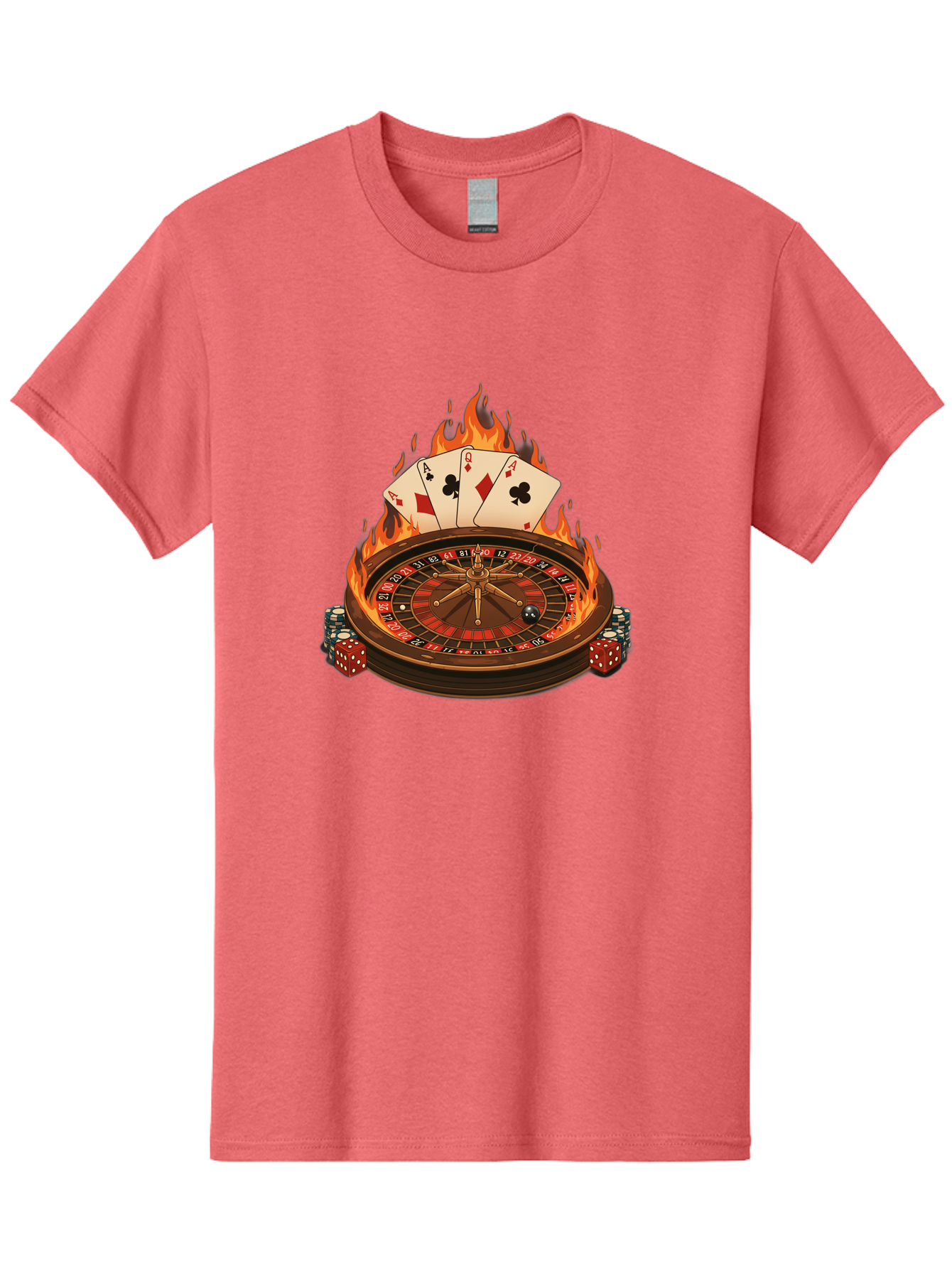 Flaming-Roulette Men'S Graphic Tee, 100% Cotton, Comfortable Casual Summer Wear, Machine Washable, Roulette Wheel, Casino Games, Playing Cards, Poker Chips, Flames, High Stakes, Game Of Chance, Betting, Casino Atmosphere, Luck Bad100