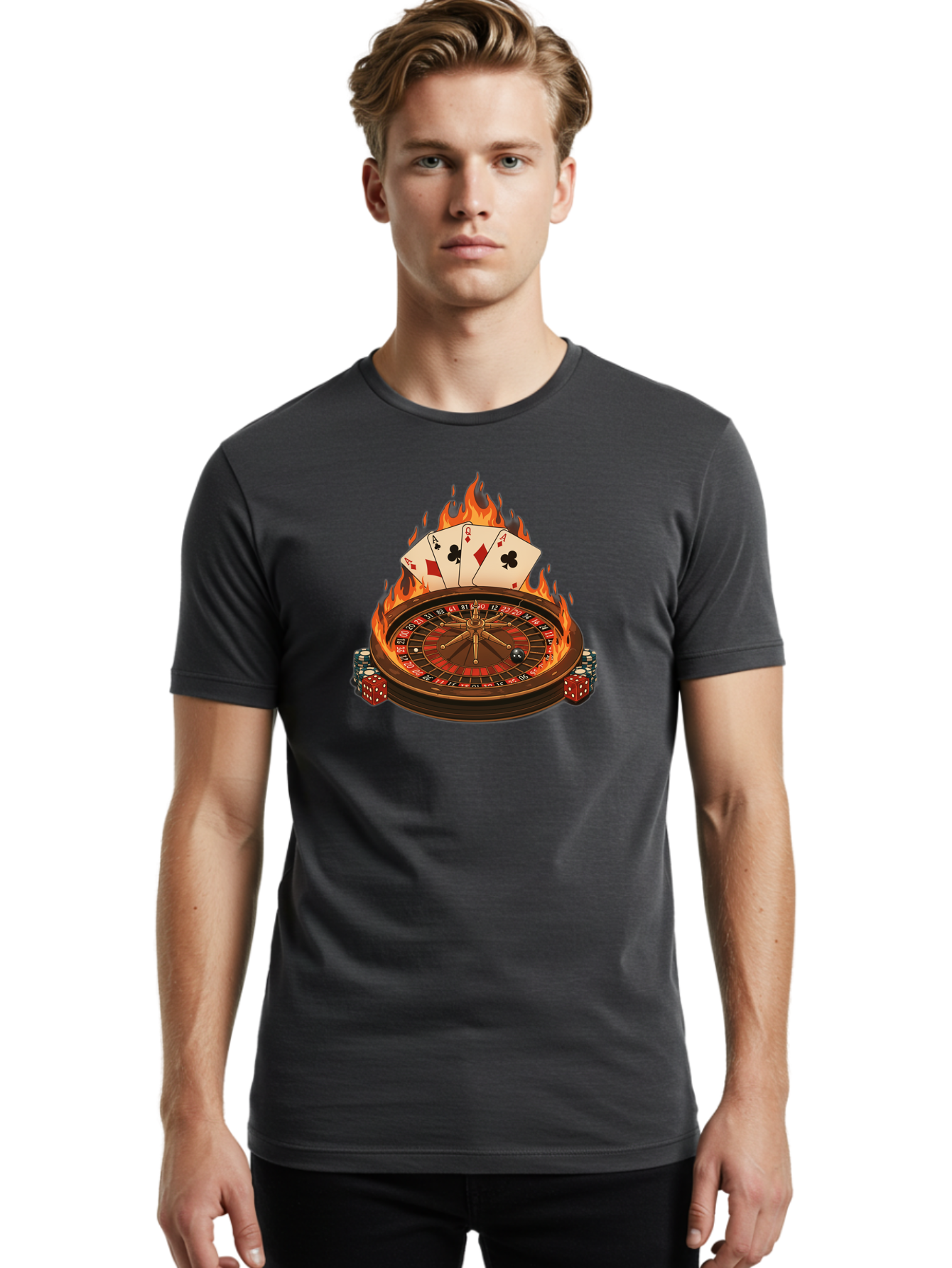 Flaming-Roulette Men'S Graphic Tee, 100% Cotton, Comfortable Casual Summer Wear, Machine Washable, Roulette Wheel, Casino Games, Playing Cards, Poker Chips, Flames, High Stakes, Game Of Chance, Betting, Casino Atmosphere, Luck Bad100