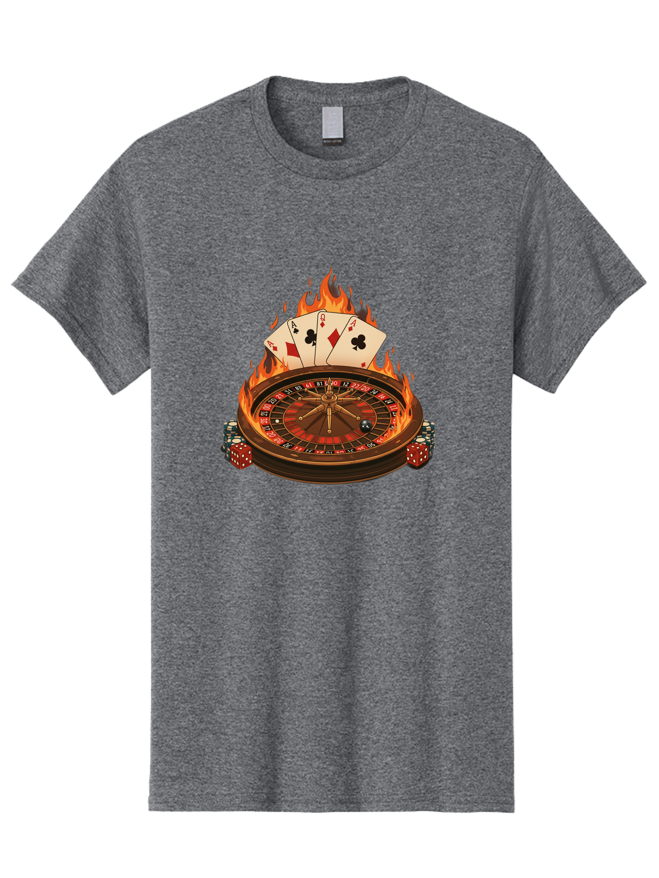 Flaming-Roulette Men'S Graphic Tee, 100% Cotton, Comfortable Casual Summer Wear, Machine Washable, Roulette Wheel, Casino Games, Playing Cards, Poker Chips, Flames, High Stakes, Game Of Chance, Betting, Casino Atmosphere, Luck Bad100