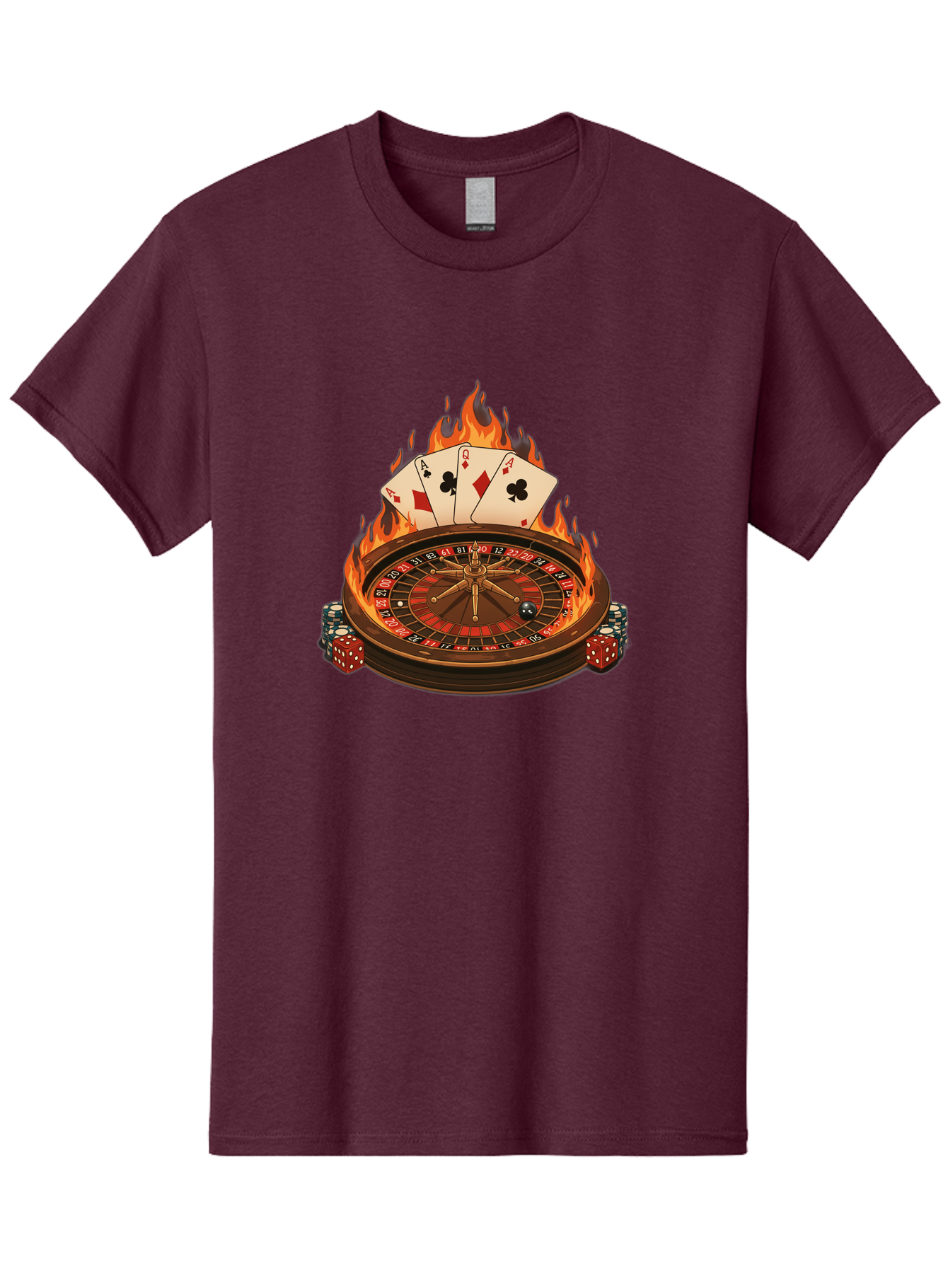 Flaming-Roulette Men'S Graphic Tee, 100% Cotton, Comfortable Casual Summer Wear, Machine Washable, Roulette Wheel, Casino Games, Playing Cards, Poker Chips, Flames, High Stakes, Game Of Chance, Betting, Casino Atmosphere, Luck Bad100