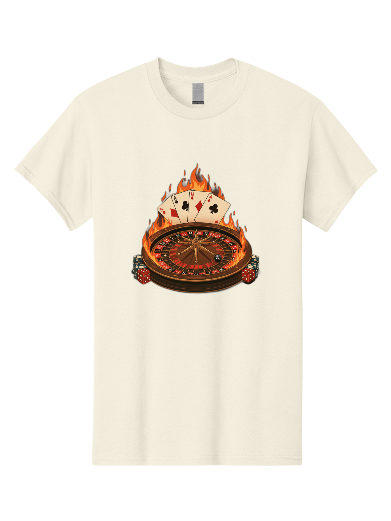 Flaming-Roulette Men'S Graphic Tee, 100% Cotton, Comfortable Casual Summer Wear, Machine Washable, Roulette Wheel, Casino Games, Playing Cards, Poker Chips, Flames, High Stakes, Game Of Chance, Betting, Casino Atmosphere, Luck Bad100