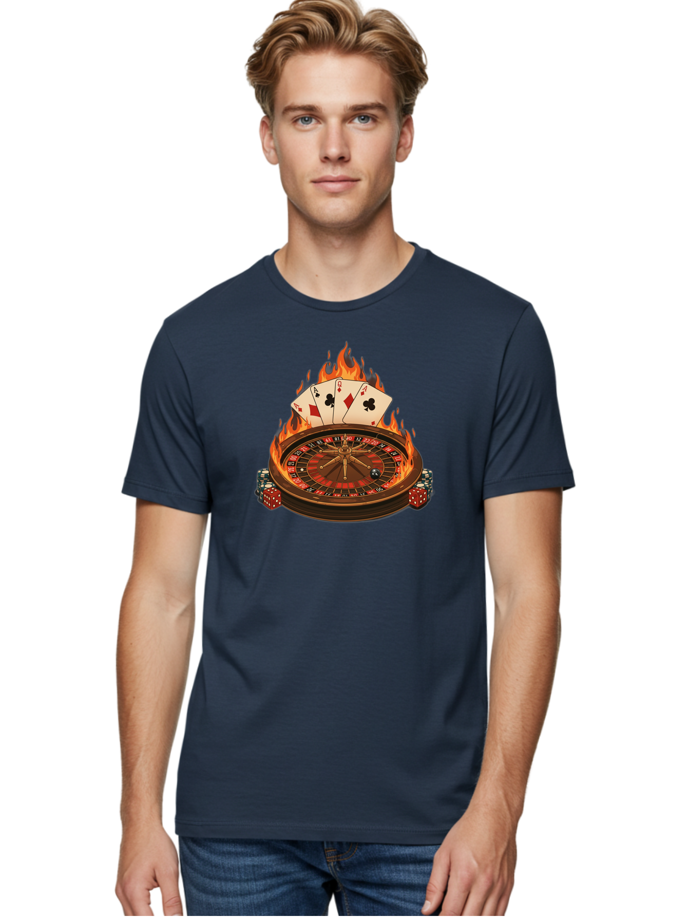 Flaming-Roulette Men'S Graphic Tee, 100% Cotton, Comfortable Casual Summer Wear, Machine Washable, Roulette Wheel, Casino Games, Playing Cards, Poker Chips, Flames, High Stakes, Game Of Chance, Betting, Casino Atmosphere, Luck Bad100