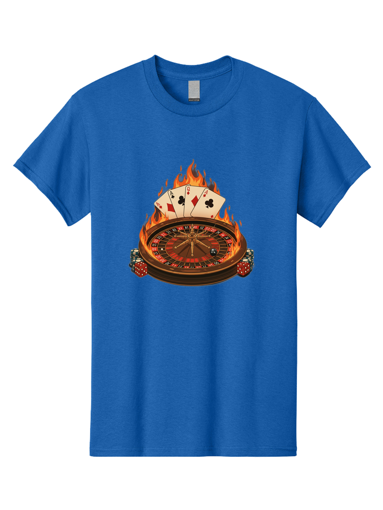 Flaming-Roulette Men'S Graphic Tee, 100% Cotton, Comfortable Casual Summer Wear, Machine Washable, Roulette Wheel, Casino Games, Playing Cards, Poker Chips, Flames, High Stakes, Game Of Chance, Betting, Casino Atmosphere, Luck Bad100