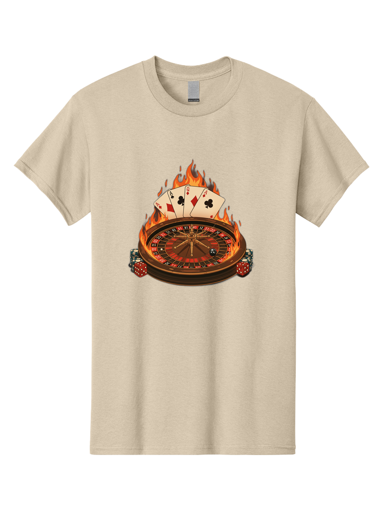 Flaming-Roulette Men'S Graphic Tee, 100% Cotton, Comfortable Casual Summer Wear, Machine Washable, Roulette Wheel, Casino Games, Playing Cards, Poker Chips, Flames, High Stakes, Game Of Chance, Betting, Casino Atmosphere, Luck Bad100