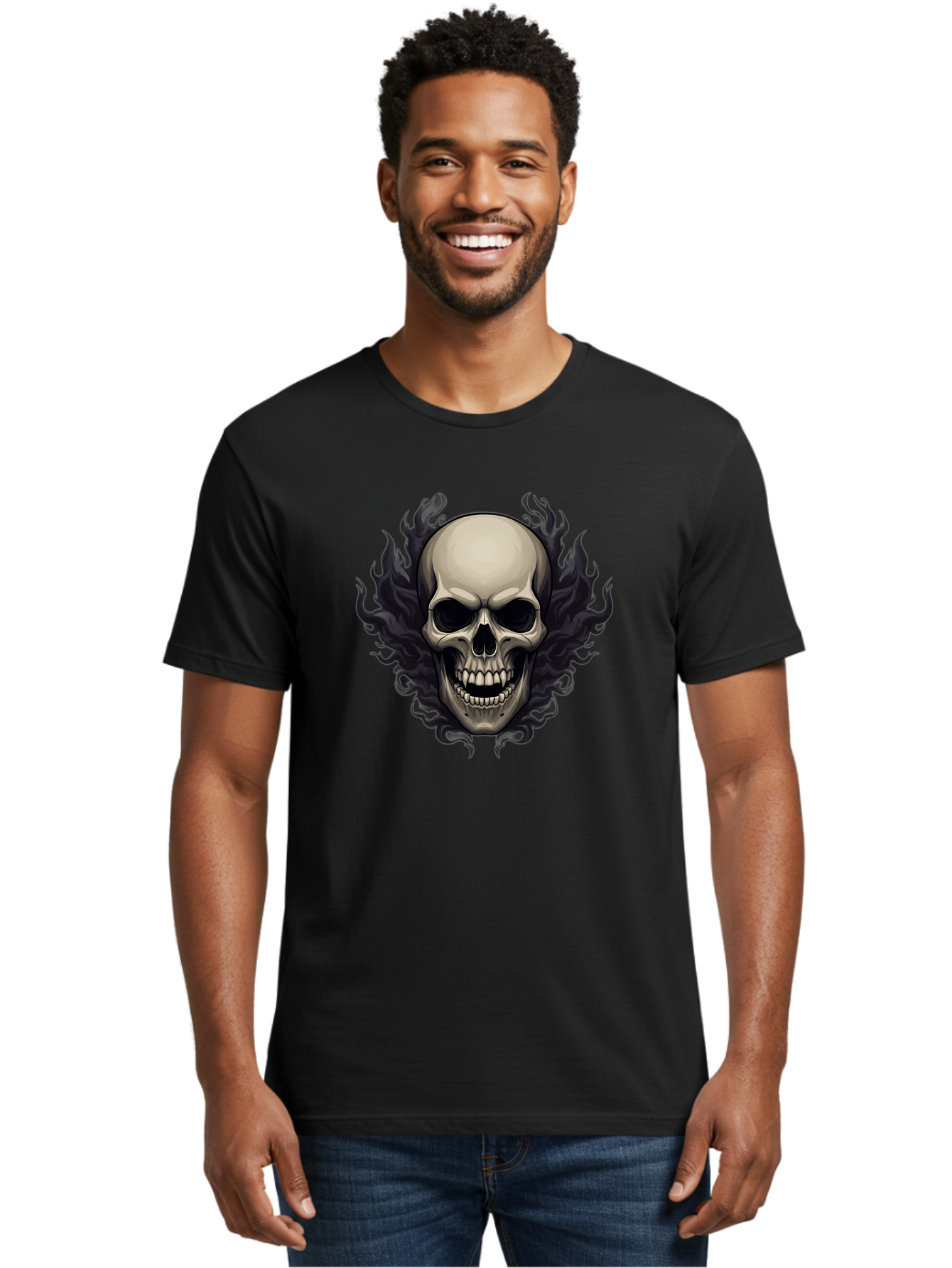 Flaming-Skull Men'S Graphic Tee, 100% Cotton, Comfortable Casual Summer Wear, Machine Washable, Skull With Flames, Grunge Style, Gothic Graphic, Horror Theme, Dark Art, Punk Rock, Edgy Design, Bold Imagery, Fiery Skull, Intense Graphics Bad101
