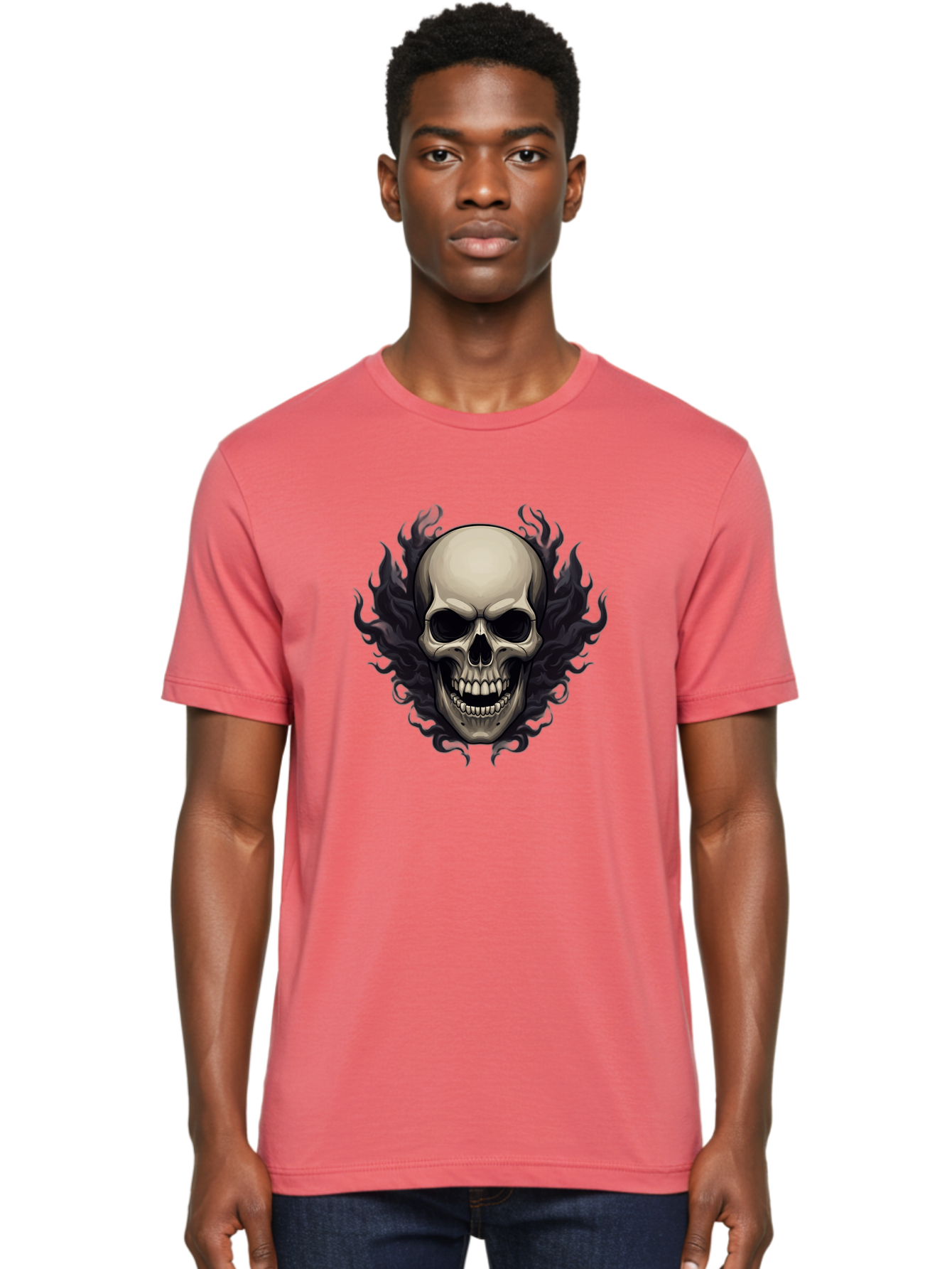 Flaming-Skull Men'S Graphic Tee, 100% Cotton, Comfortable Casual Summer Wear, Machine Washable, Skull With Flames, Grunge Style, Gothic Graphic, Horror Theme, Dark Art, Punk Rock, Edgy Design, Bold Imagery, Fiery Skull, Intense Graphics Bad101