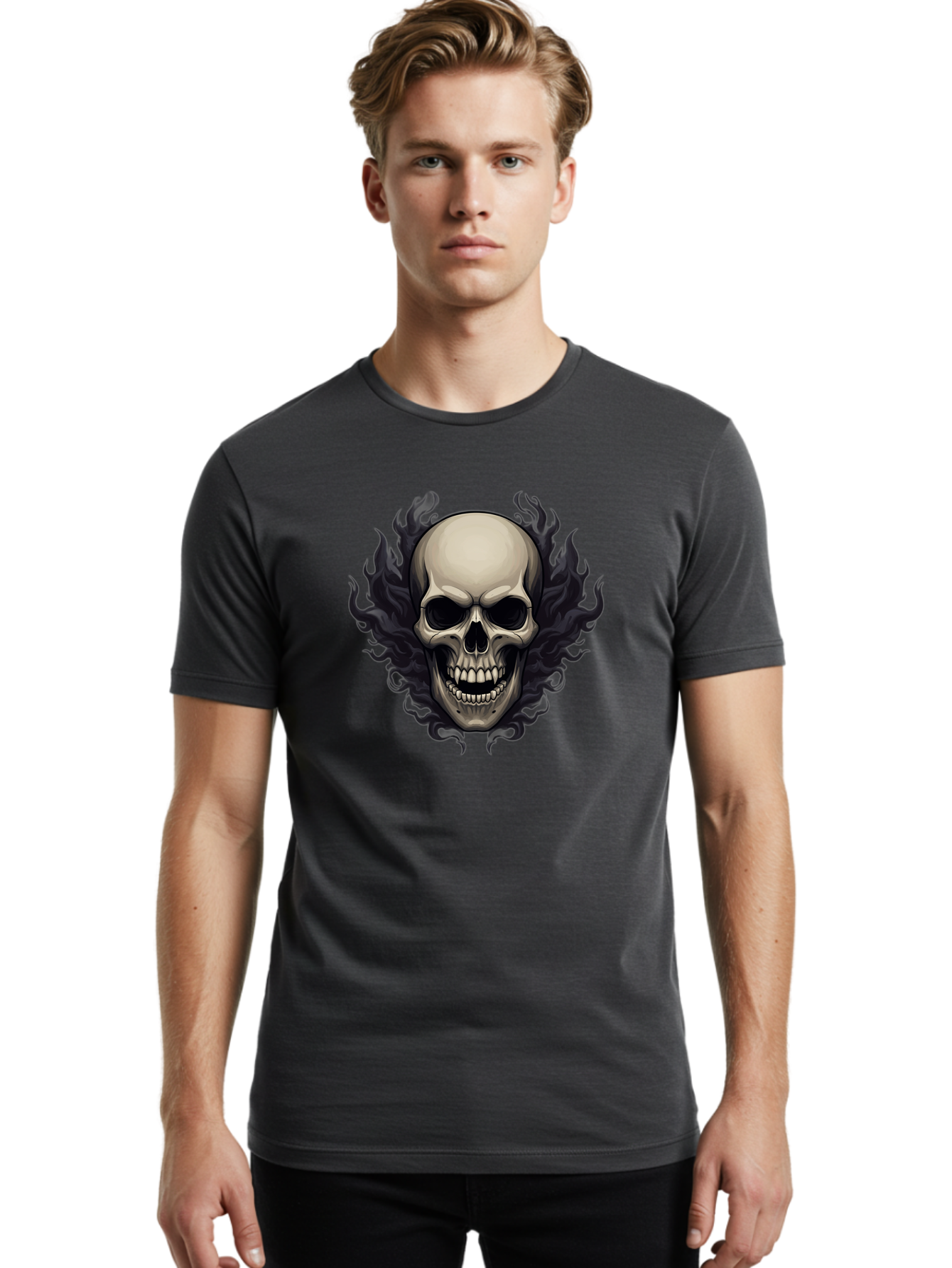 Flaming-Skull Men'S Graphic Tee, 100% Cotton, Comfortable Casual Summer Wear, Machine Washable, Skull With Flames, Grunge Style, Gothic Graphic, Horror Theme, Dark Art, Punk Rock, Edgy Design, Bold Imagery, Fiery Skull, Intense Graphics Bad101