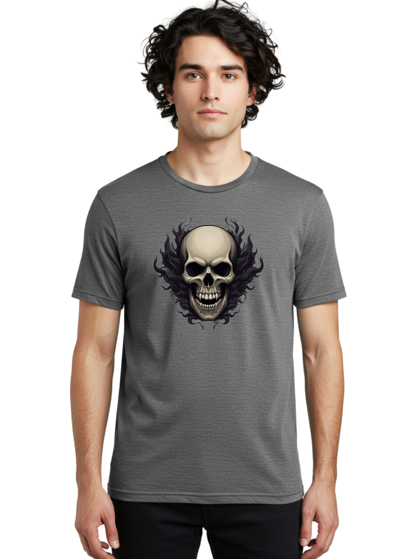Flaming-Skull Men'S Graphic Tee, 100% Cotton, Comfortable Casual Summer Wear, Machine Washable, Skull With Flames, Grunge Style, Gothic Graphic, Horror Theme, Dark Art, Punk Rock, Edgy Design, Bold Imagery, Fiery Skull, Intense Graphics Bad101