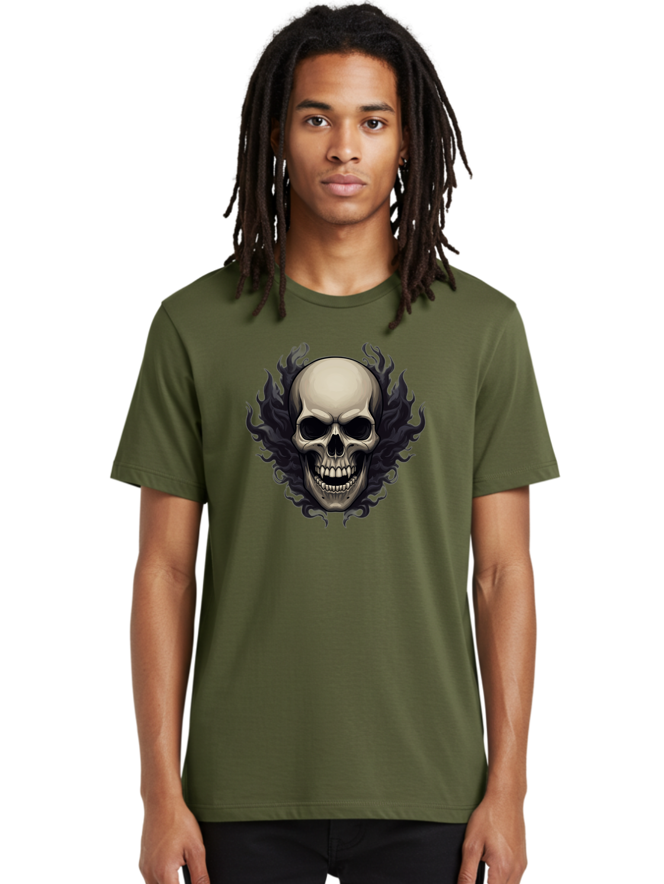 Flaming-Skull Men'S Graphic Tee, 100% Cotton, Comfortable Casual Summer Wear, Machine Washable, Skull With Flames, Grunge Style, Gothic Graphic, Horror Theme, Dark Art, Punk Rock, Edgy Design, Bold Imagery, Fiery Skull, Intense Graphics Bad101
