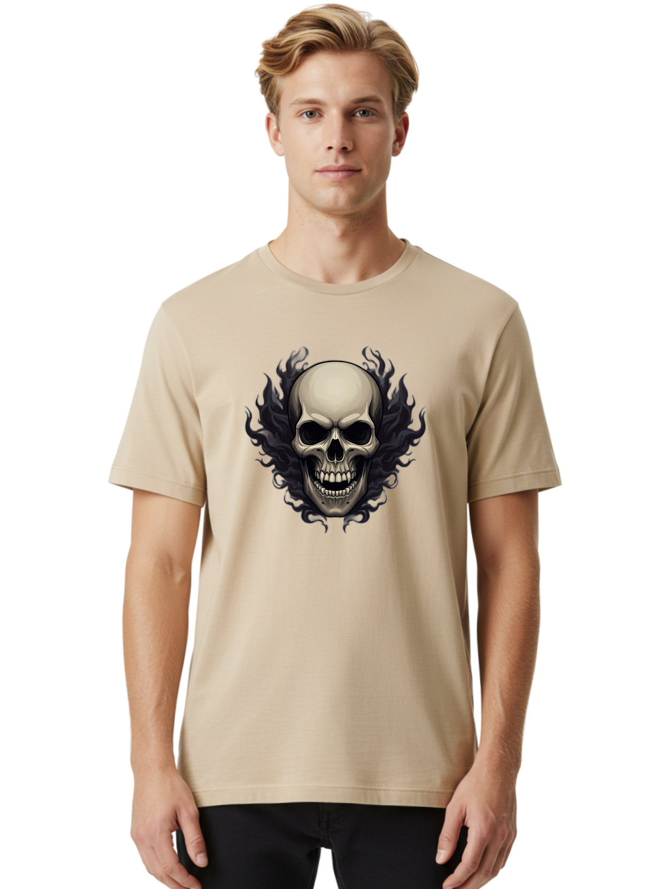Flaming-Skull Men'S Graphic Tee, 100% Cotton, Comfortable Casual Summer Wear, Machine Washable, Skull With Flames, Grunge Style, Gothic Graphic, Horror Theme, Dark Art, Punk Rock, Edgy Design, Bold Imagery, Fiery Skull, Intense Graphics Bad101