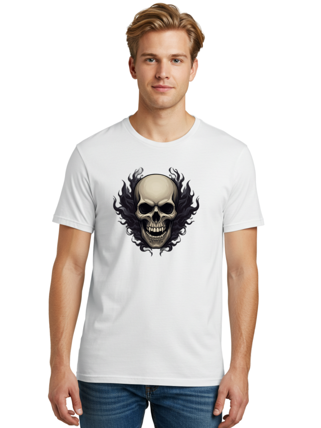 Flaming-Skull Men'S Graphic Tee, 100% Cotton, Comfortable Casual Summer Wear, Machine Washable, Skull With Flames, Grunge Style, Gothic Graphic, Horror Theme, Dark Art, Punk Rock, Edgy Design, Bold Imagery, Fiery Skull, Intense Graphics Bad101