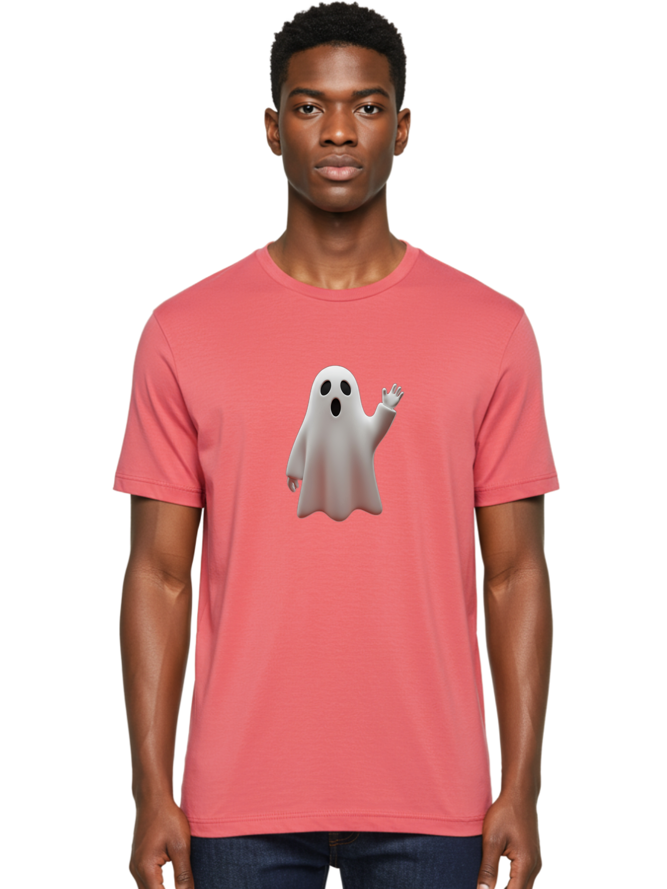 Floating-Ghost Men'S Graphic Tee, 100% Cotton, Comfortable Casual Summer Wear, Machine Washable, Cartoon Ghost, Friendly Ghost, White Ghost Character, Waving Hand, Surprised Expression, Halloween Character, 3D Illustration, Ghostly Figure Bad103