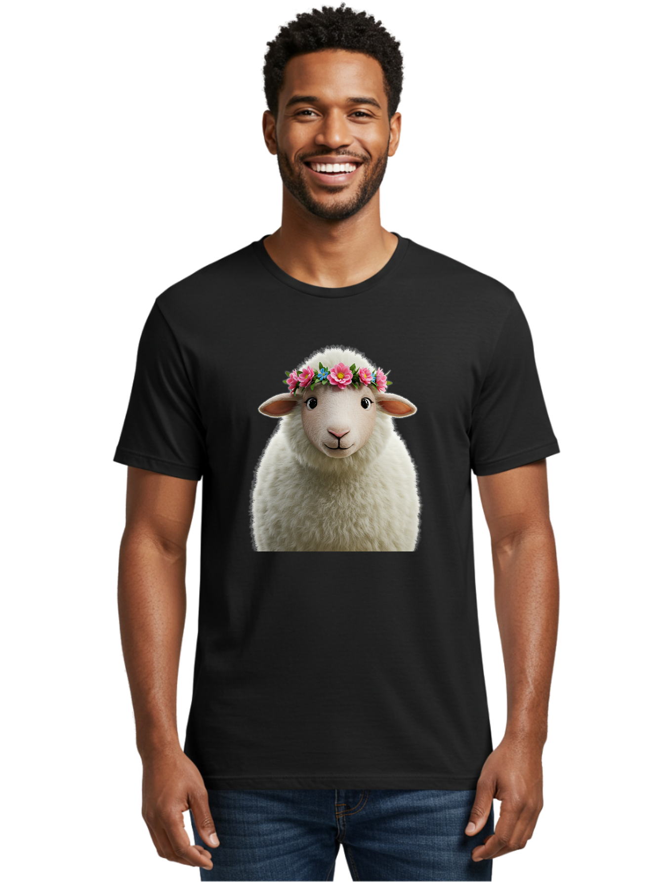 Floral-Sheep-Portrait Men'S Graphic Tee, 100% Cotton, Comfortable Casual Summer Wear, Machine Washable, White Sheep, Cartoon Sheep, Floral Crown, Pink Flowers, Blue Flowers, Cute Animal, Fluffy Fur, Friendly Face, Smiling Sheep, Spring Theme, Bad105