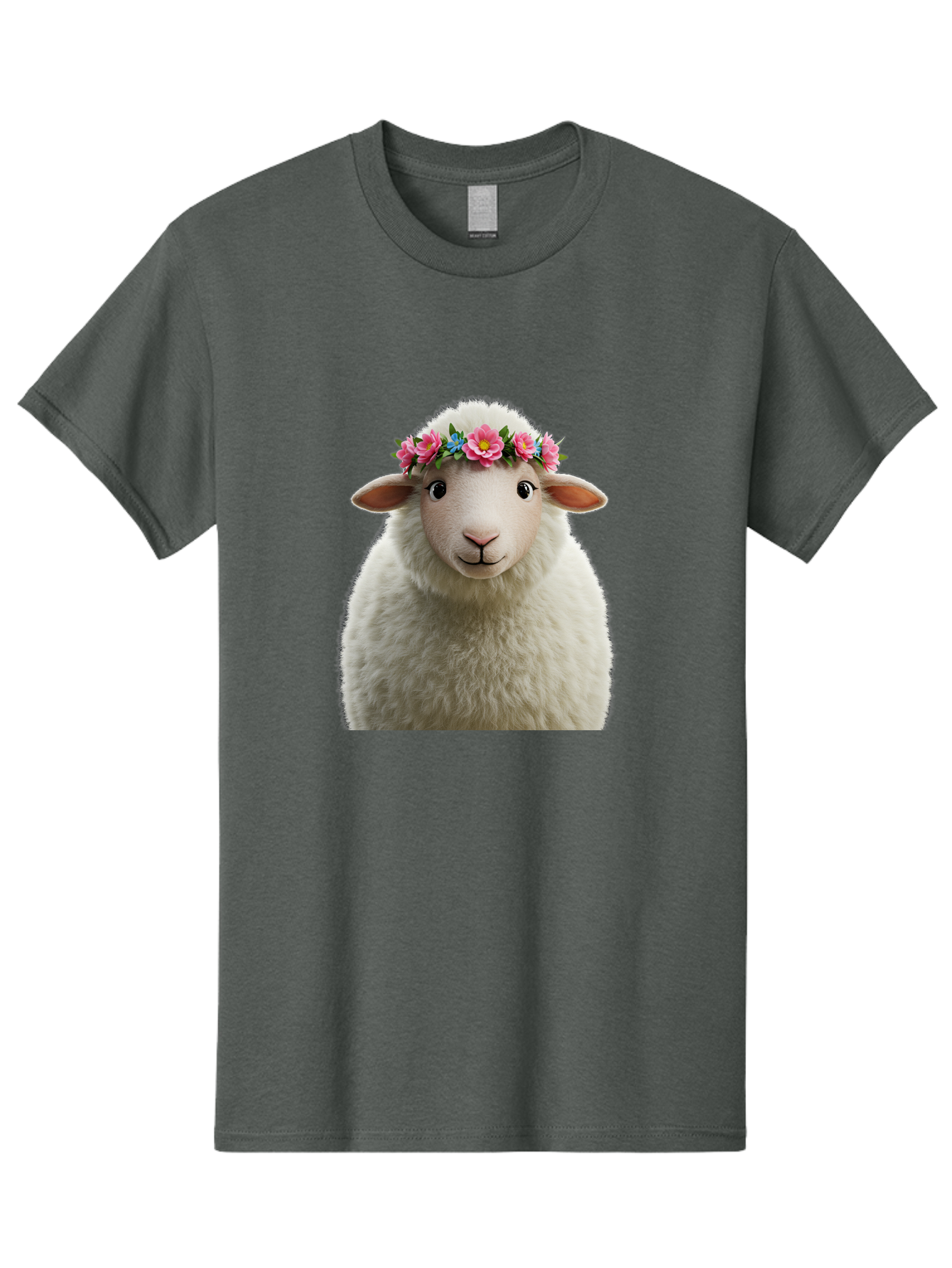 Floral-Sheep-Portrait Men'S Graphic Tee, 100% Cotton, Comfortable Casual Summer Wear, Machine Washable, White Sheep, Cartoon Sheep, Floral Crown, Pink Flowers, Blue Flowers, Cute Animal, Fluffy Fur, Friendly Face, Smiling Sheep, Spring Theme, Bad105