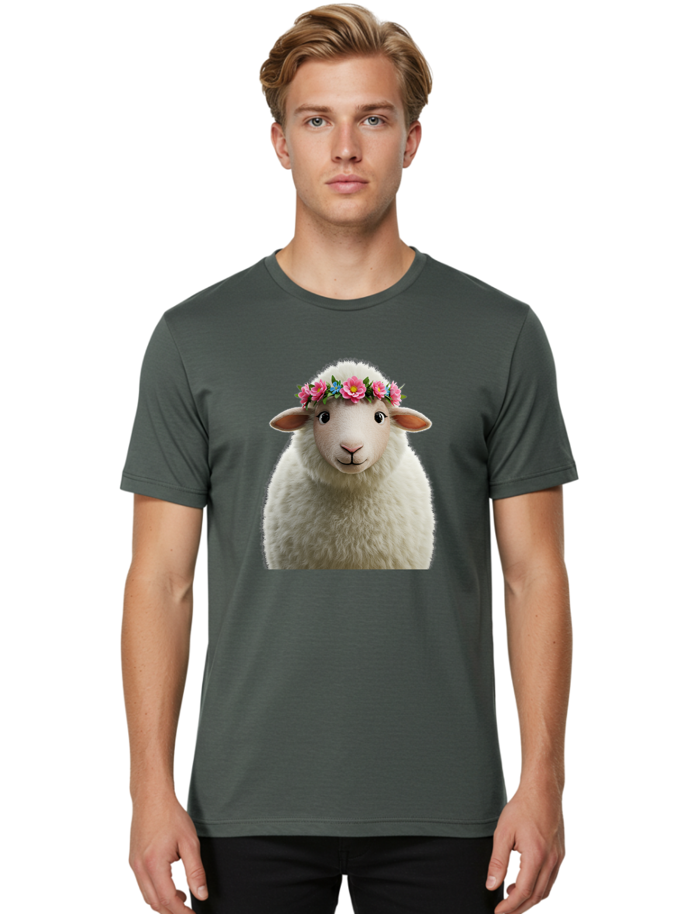 Floral-Sheep-Portrait Men'S Graphic Tee, 100% Cotton, Comfortable Casual Summer Wear, Machine Washable, White Sheep, Cartoon Sheep, Floral Crown, Pink Flowers, Blue Flowers, Cute Animal, Fluffy Fur, Friendly Face, Smiling Sheep, Spring Theme, Bad105