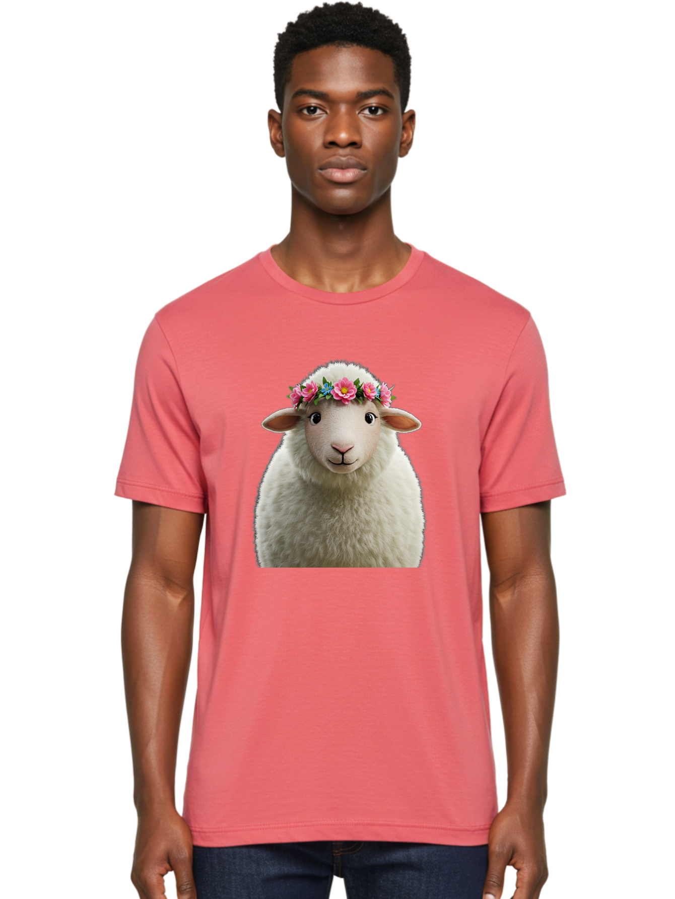Floral-Sheep-Portrait Men'S Graphic Tee, 100% Cotton, Comfortable Casual Summer Wear, Machine Washable, White Sheep, Cartoon Sheep, Floral Crown, Pink Flowers, Blue Flowers, Cute Animal, Fluffy Fur, Friendly Face, Smiling Sheep, Spring Theme, Bad105