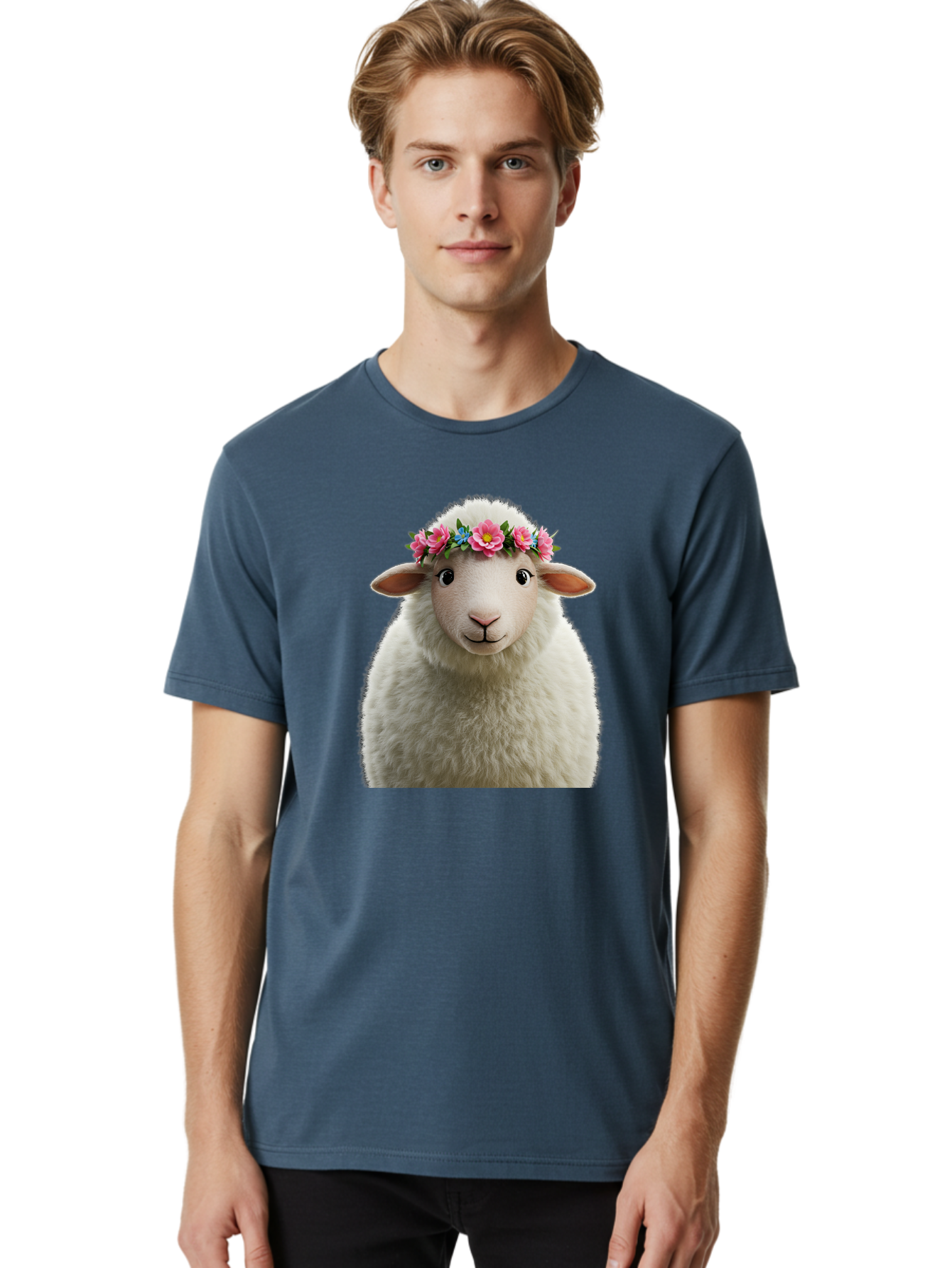 Floral-Sheep-Portrait Men'S Graphic Tee, 100% Cotton, Comfortable Casual Summer Wear, Machine Washable, White Sheep, Cartoon Sheep, Floral Crown, Pink Flowers, Blue Flowers, Cute Animal, Fluffy Fur, Friendly Face, Smiling Sheep, Spring Theme, Bad105