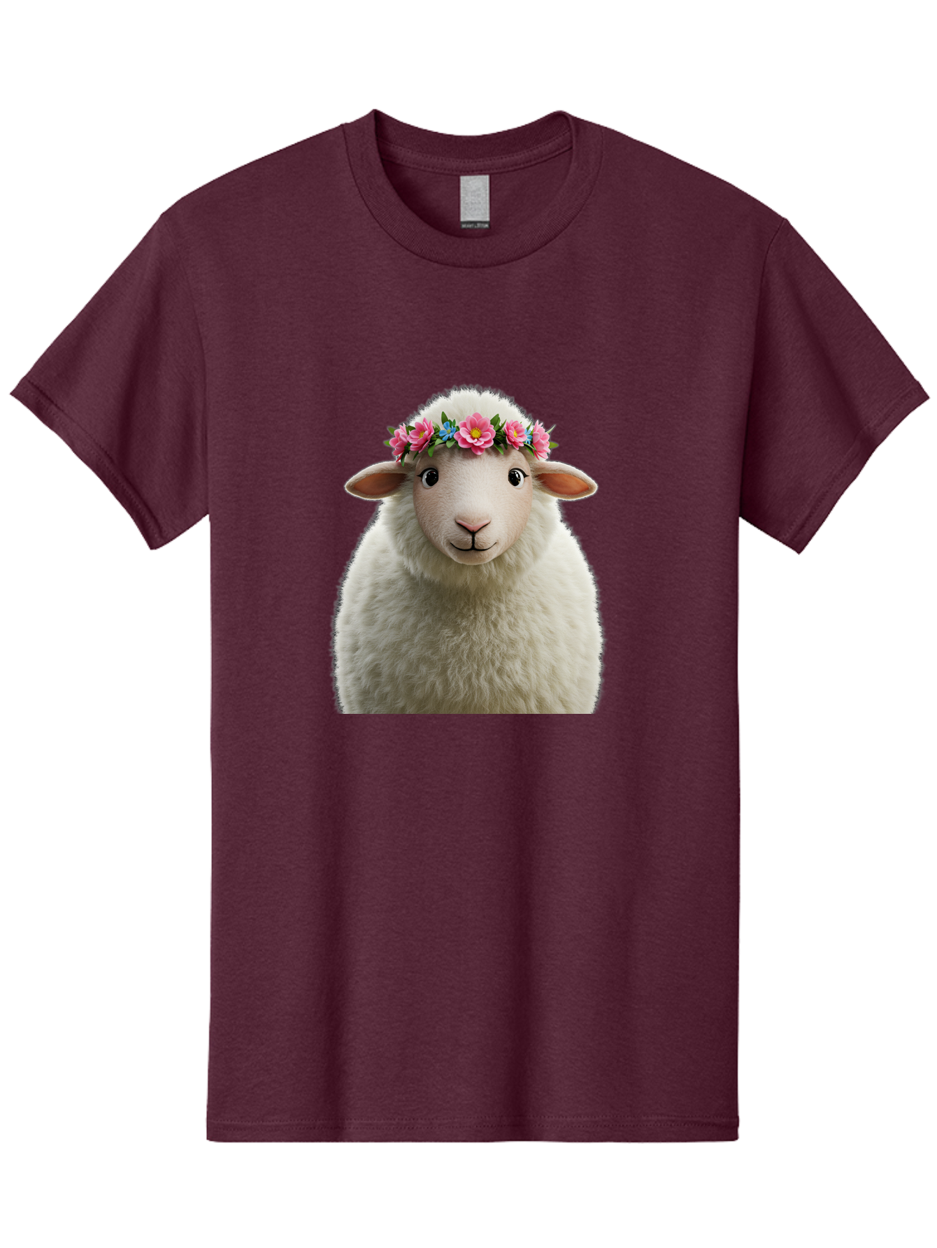 Floral-Sheep-Portrait Men'S Graphic Tee, 100% Cotton, Comfortable Casual Summer Wear, Machine Washable, White Sheep, Cartoon Sheep, Floral Crown, Pink Flowers, Blue Flowers, Cute Animal, Fluffy Fur, Friendly Face, Smiling Sheep, Spring Theme, Bad105