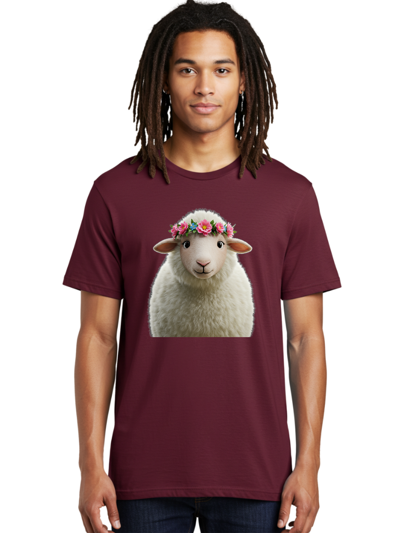 Floral-Sheep-Portrait Men'S Graphic Tee, 100% Cotton, Comfortable Casual Summer Wear, Machine Washable, White Sheep, Cartoon Sheep, Floral Crown, Pink Flowers, Blue Flowers, Cute Animal, Fluffy Fur, Friendly Face, Smiling Sheep, Spring Theme, Bad105