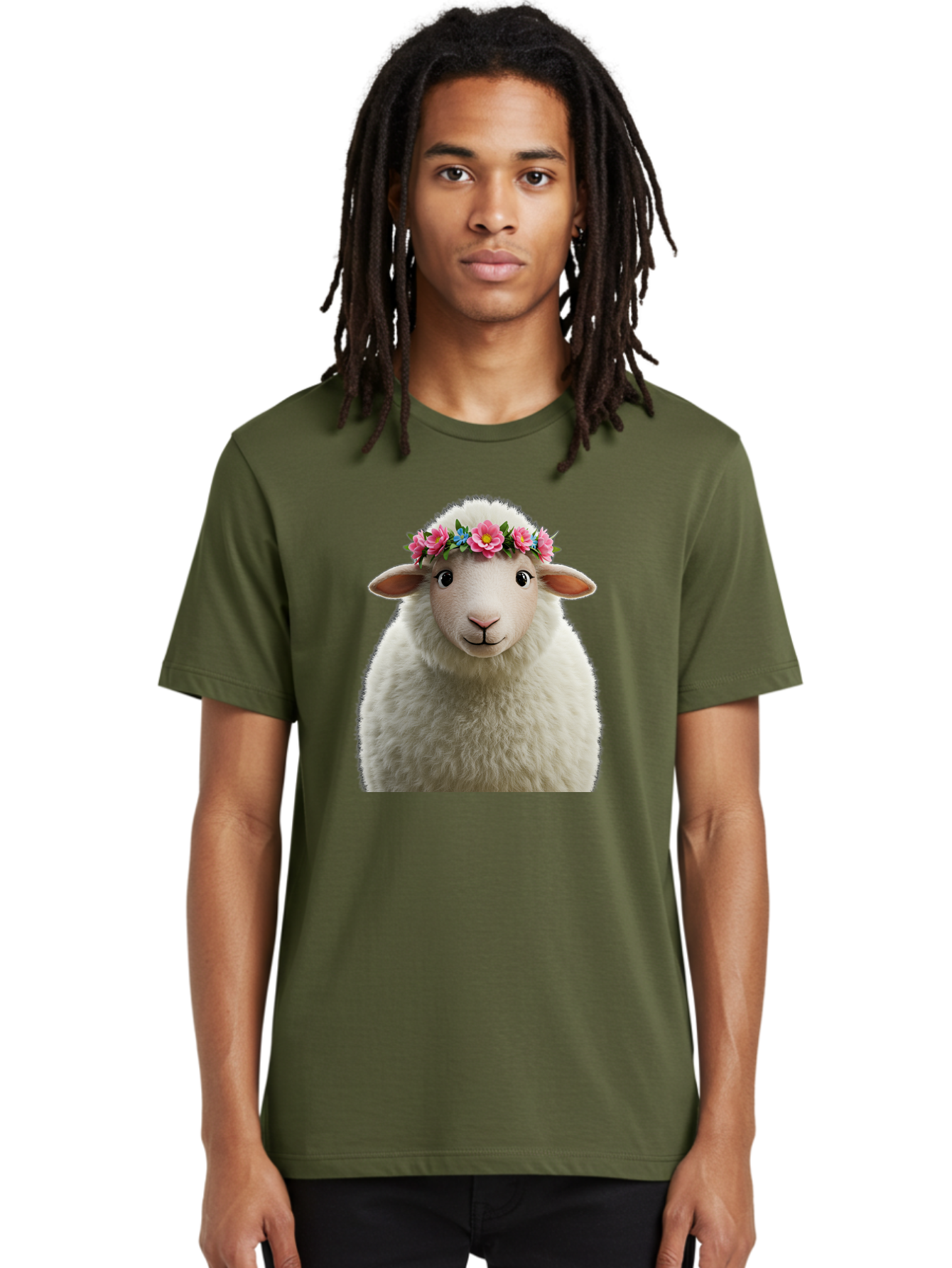 Floral-Sheep-Portrait Men'S Graphic Tee, 100% Cotton, Comfortable Casual Summer Wear, Machine Washable, White Sheep, Cartoon Sheep, Floral Crown, Pink Flowers, Blue Flowers, Cute Animal, Fluffy Fur, Friendly Face, Smiling Sheep, Spring Theme, Bad105