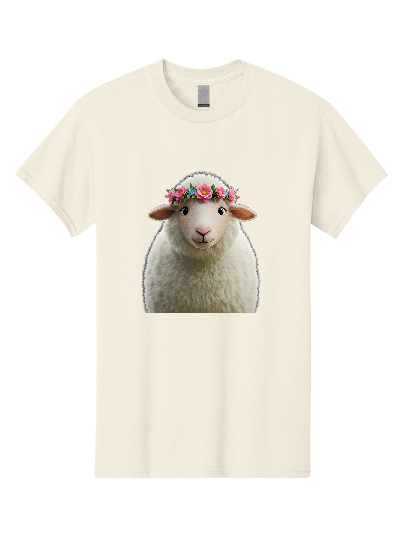 Floral-Sheep-Portrait Men'S Graphic Tee, 100% Cotton, Comfortable Casual Summer Wear, Machine Washable, White Sheep, Cartoon Sheep, Floral Crown, Pink Flowers, Blue Flowers, Cute Animal, Fluffy Fur, Friendly Face, Smiling Sheep, Spring Theme, Bad105