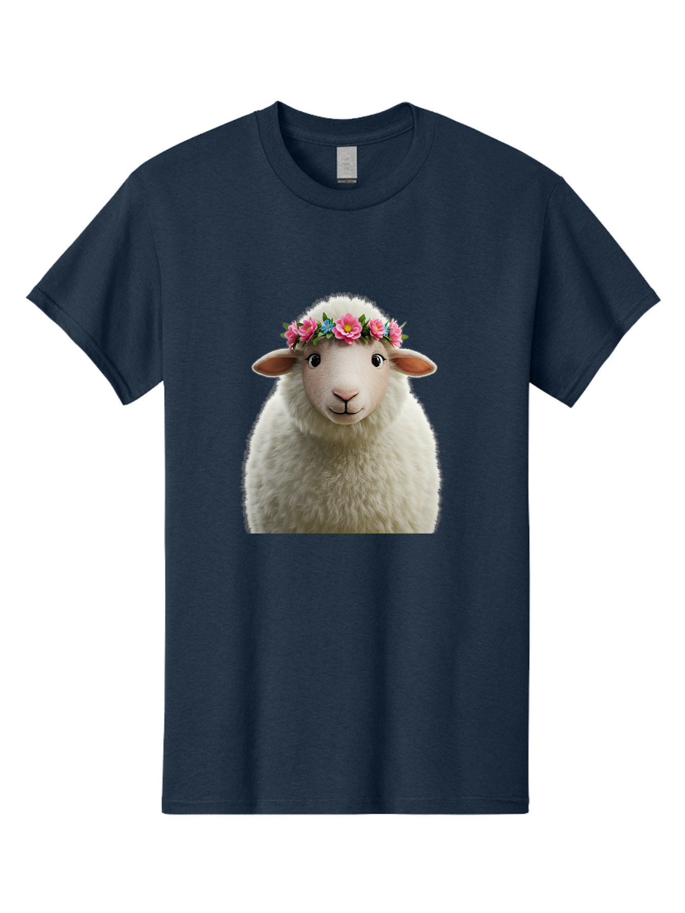 Floral-Sheep-Portrait Men'S Graphic Tee, 100% Cotton, Comfortable Casual Summer Wear, Machine Washable, White Sheep, Cartoon Sheep, Floral Crown, Pink Flowers, Blue Flowers, Cute Animal, Fluffy Fur, Friendly Face, Smiling Sheep, Spring Theme, Bad105